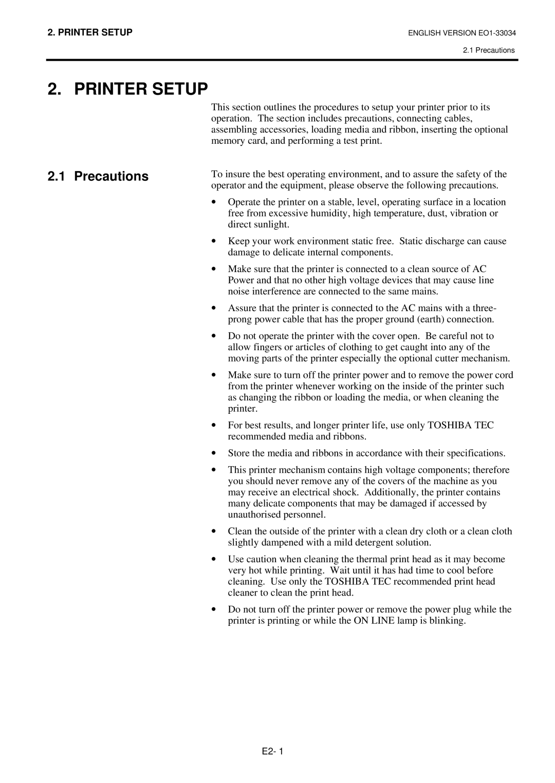 Toshiba B-SX4T-QP manual Printer Setup, Precautions 