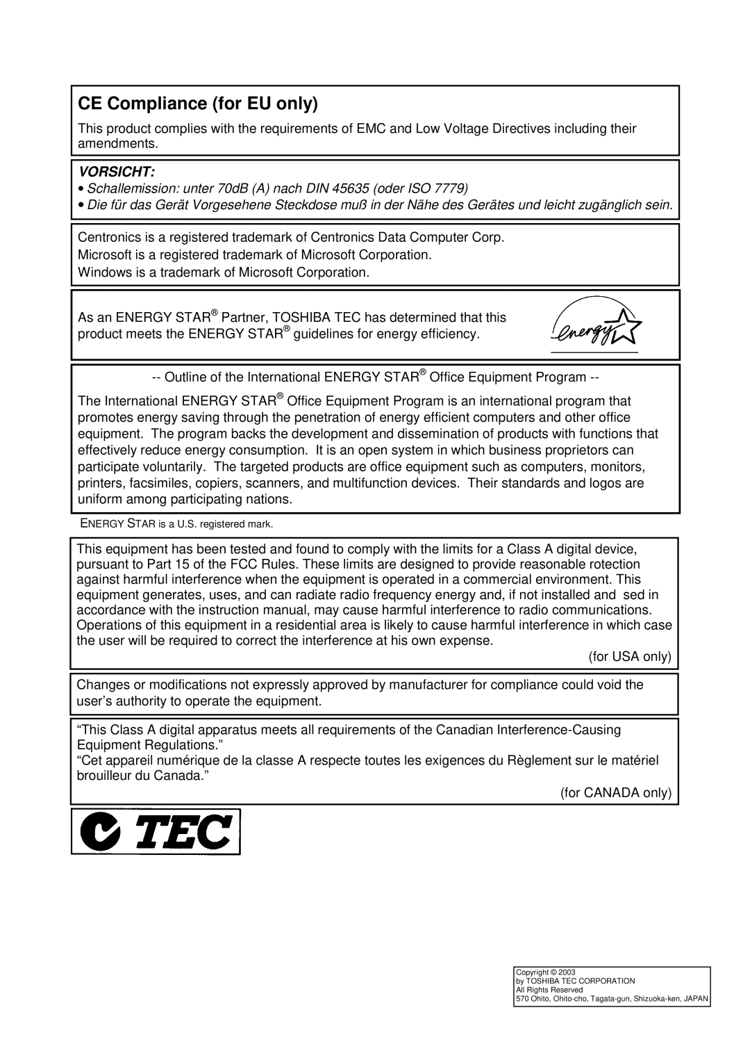 Toshiba B-SX4T-QP manual CE Compliance for EU only, Vorsicht 