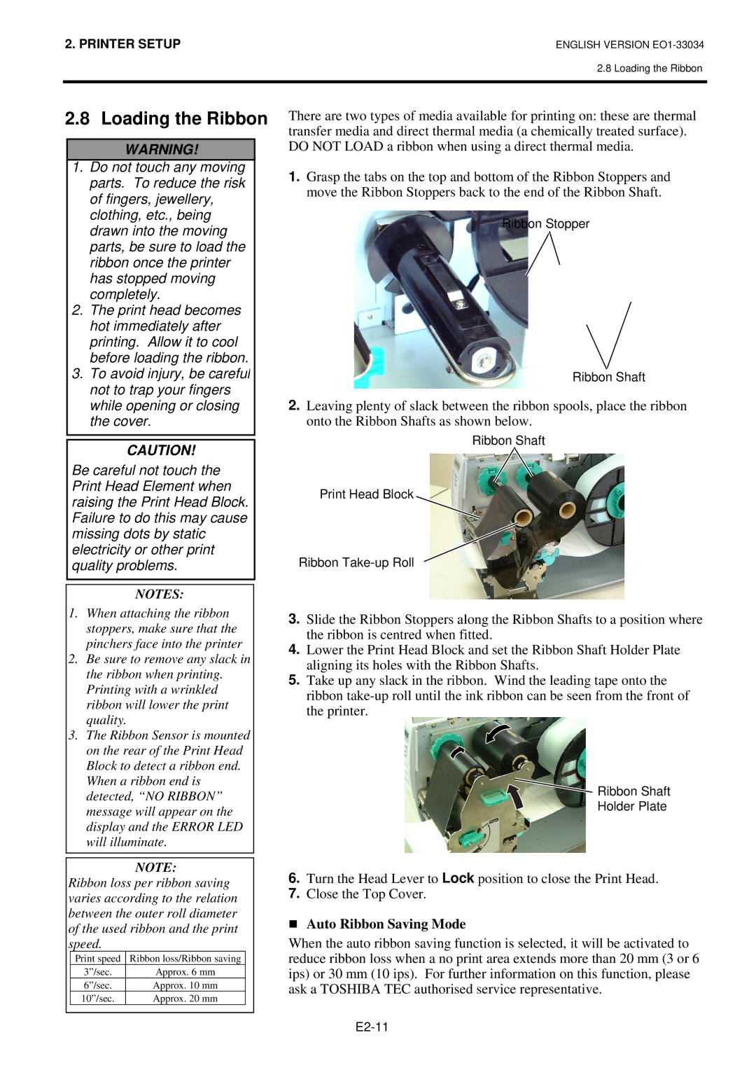 Toshiba B-SX4T-QP manual Loading the Ribbon, Auto Ribbon Saving Mode 