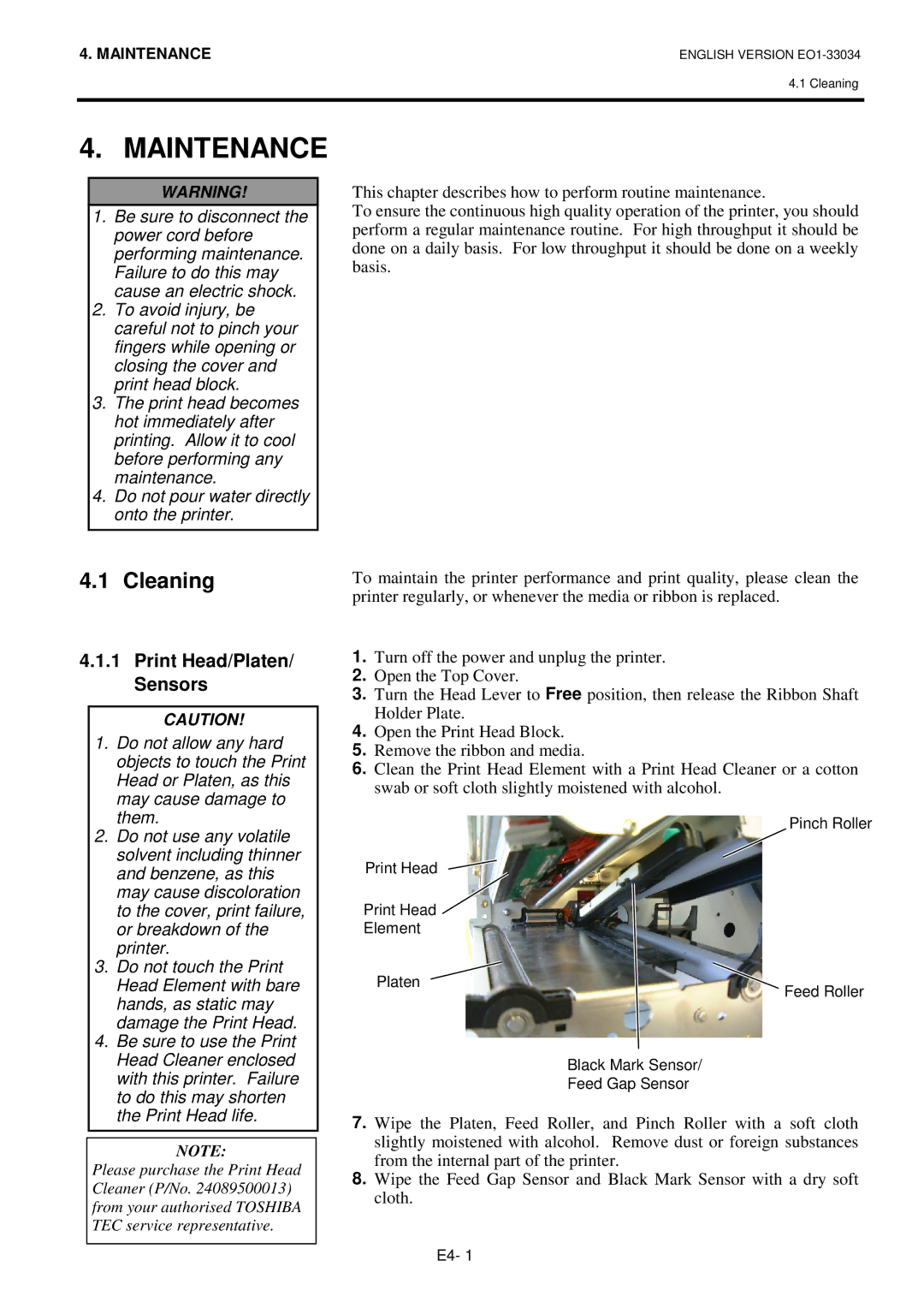 Toshiba B-SX4T-QP manual Maintenance, Cleaning, Print Head/Platen/ Sensors 