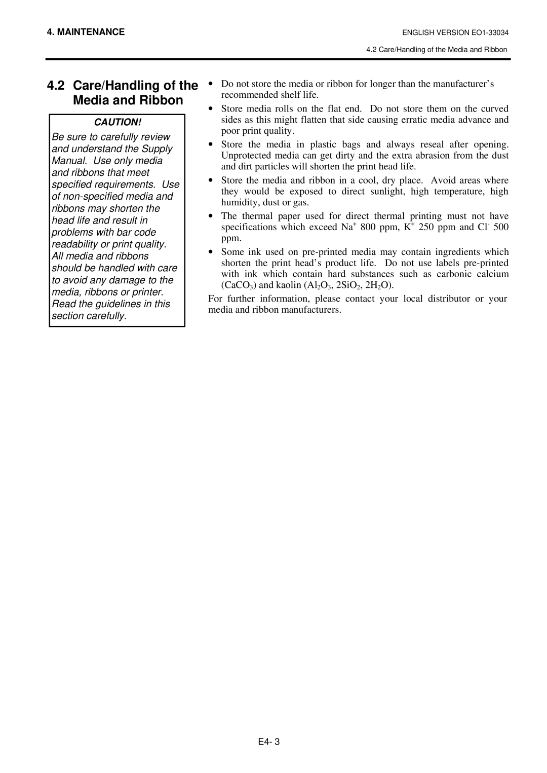 Toshiba B-SX4T-QP manual Care/Handling of the Media and Ribbon 