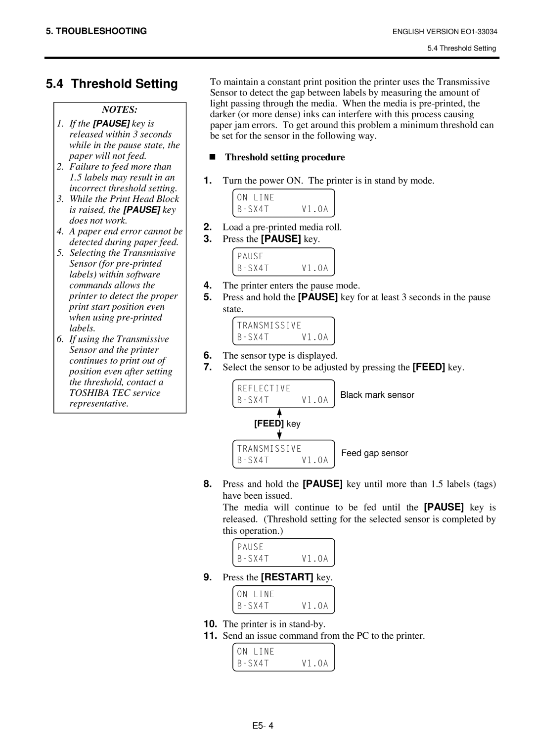 Toshiba B-SX4T-QP manual Threshold Setting, Threshold setting procedure 