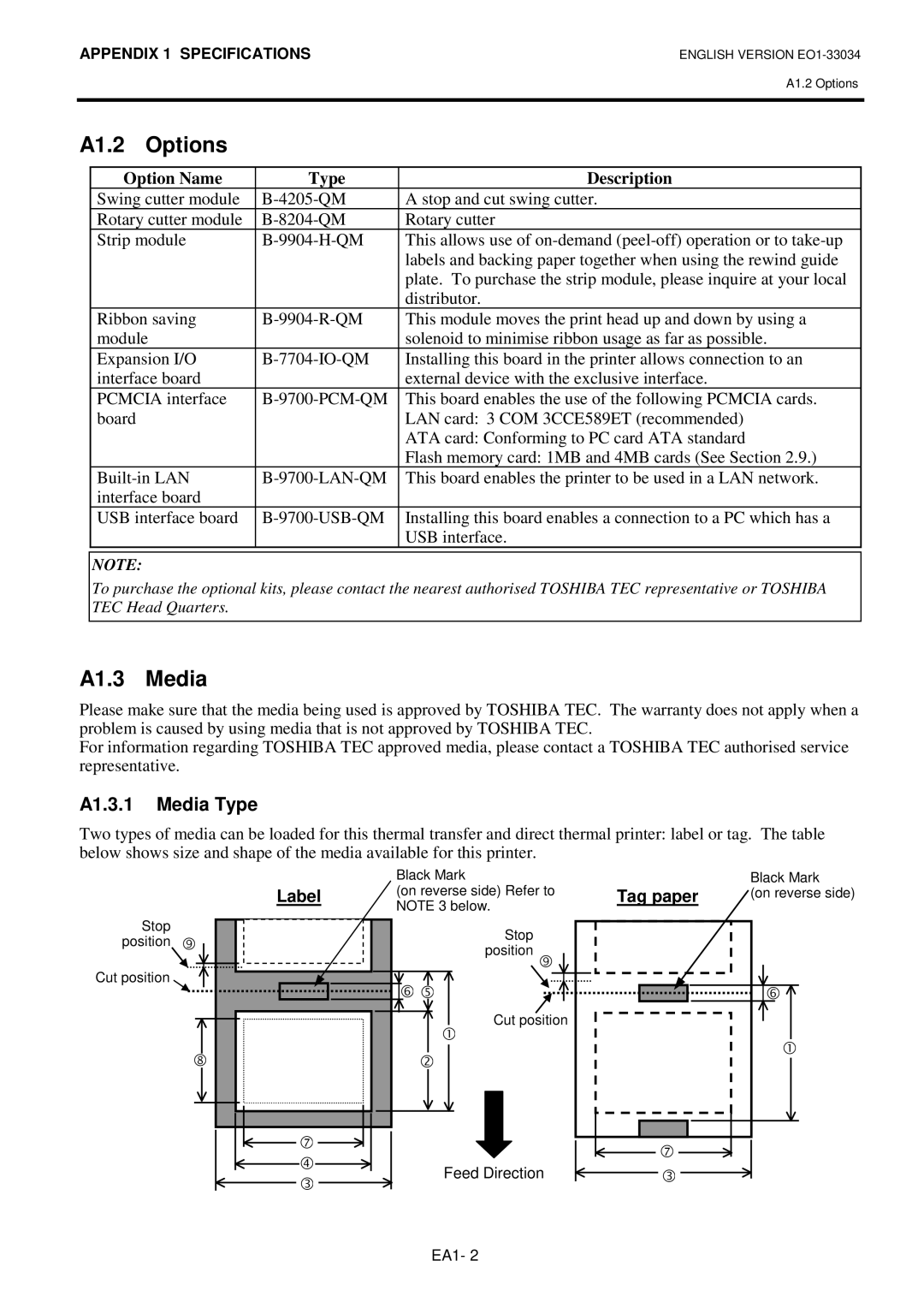 Toshiba B-SX4T-QP manual A1.2 Options, A1.3 Media, A1.3.1 Media Type, Label, Tag paper 