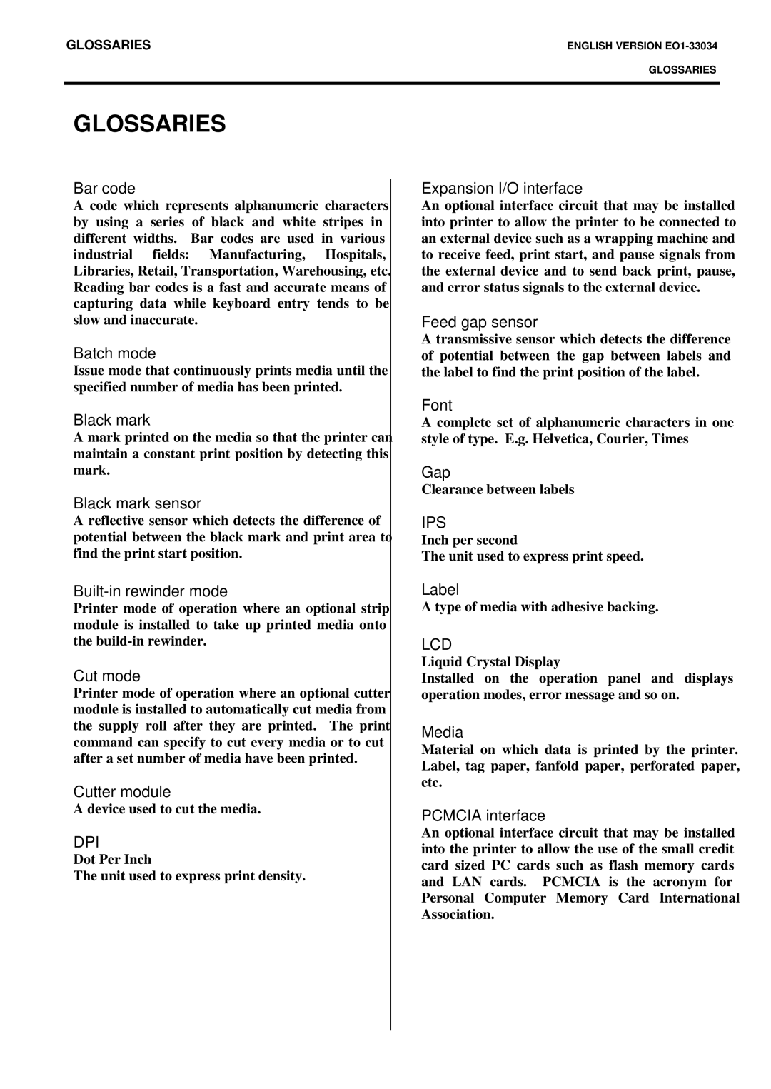 Toshiba B-SX4T-QP manual Glossaries, Bar code 