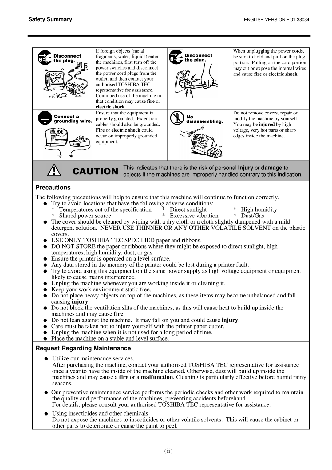 Toshiba B-SX4T-QP manual Precautions, Request Regarding Maintenance 