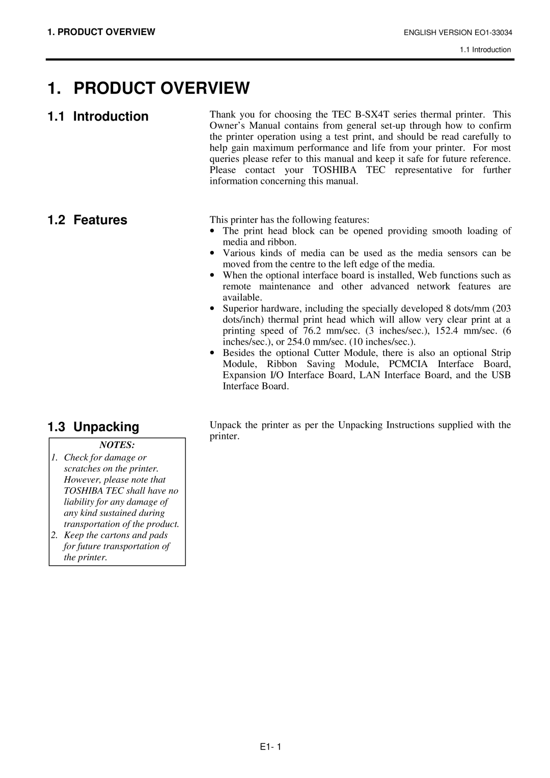 Toshiba B-SX4T-QP manual Product Overview, Introduction Features, Unpacking 