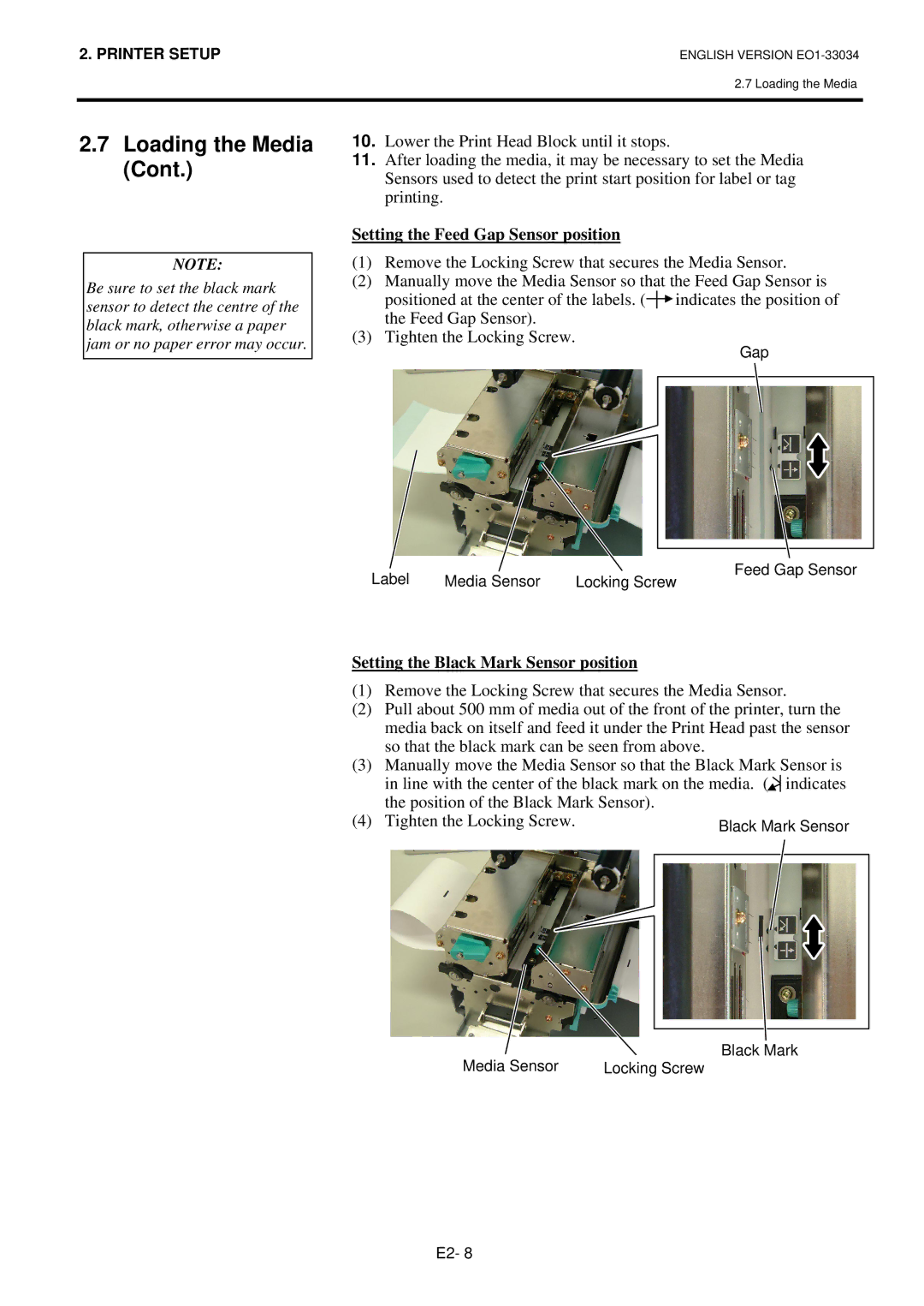 Toshiba B-SX4T-QQ owner manual Setting the Feed Gap Sensor position, Setting the Black Mark Sensor position 