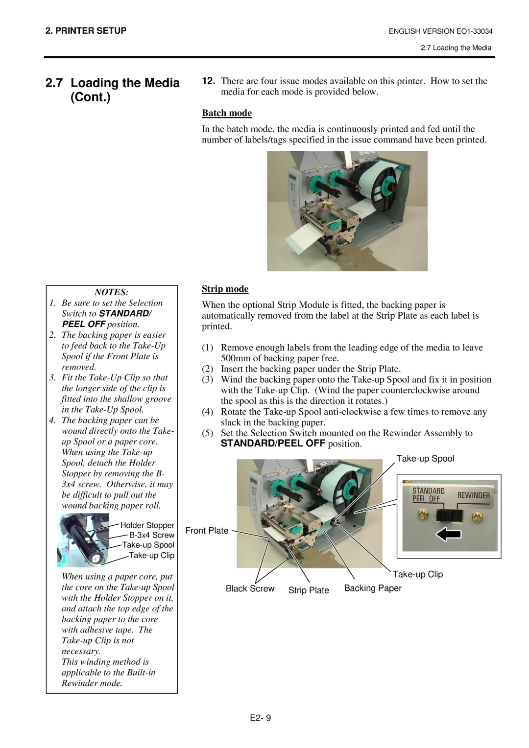 Toshiba B-SX4T-QQ owner manual Batch mode, Strip mode, STANDARD/PEEL OFF position 