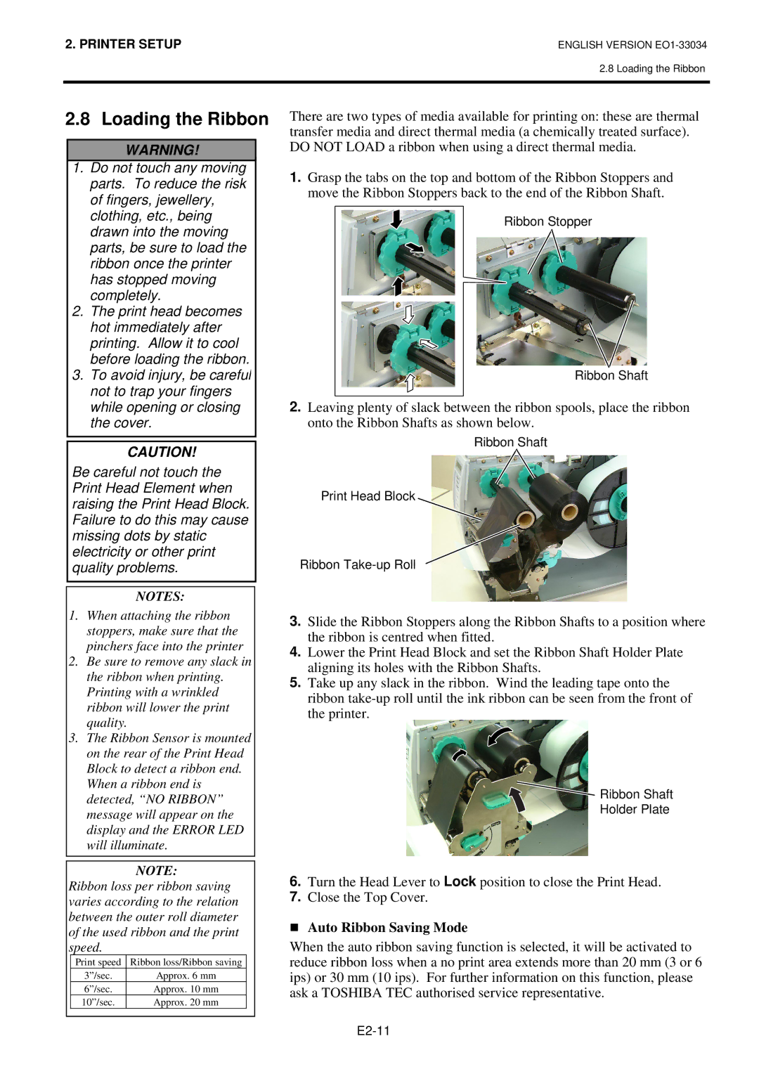 Toshiba B-SX4T-QQ owner manual Loading the Ribbon, Auto Ribbon Saving Mode 