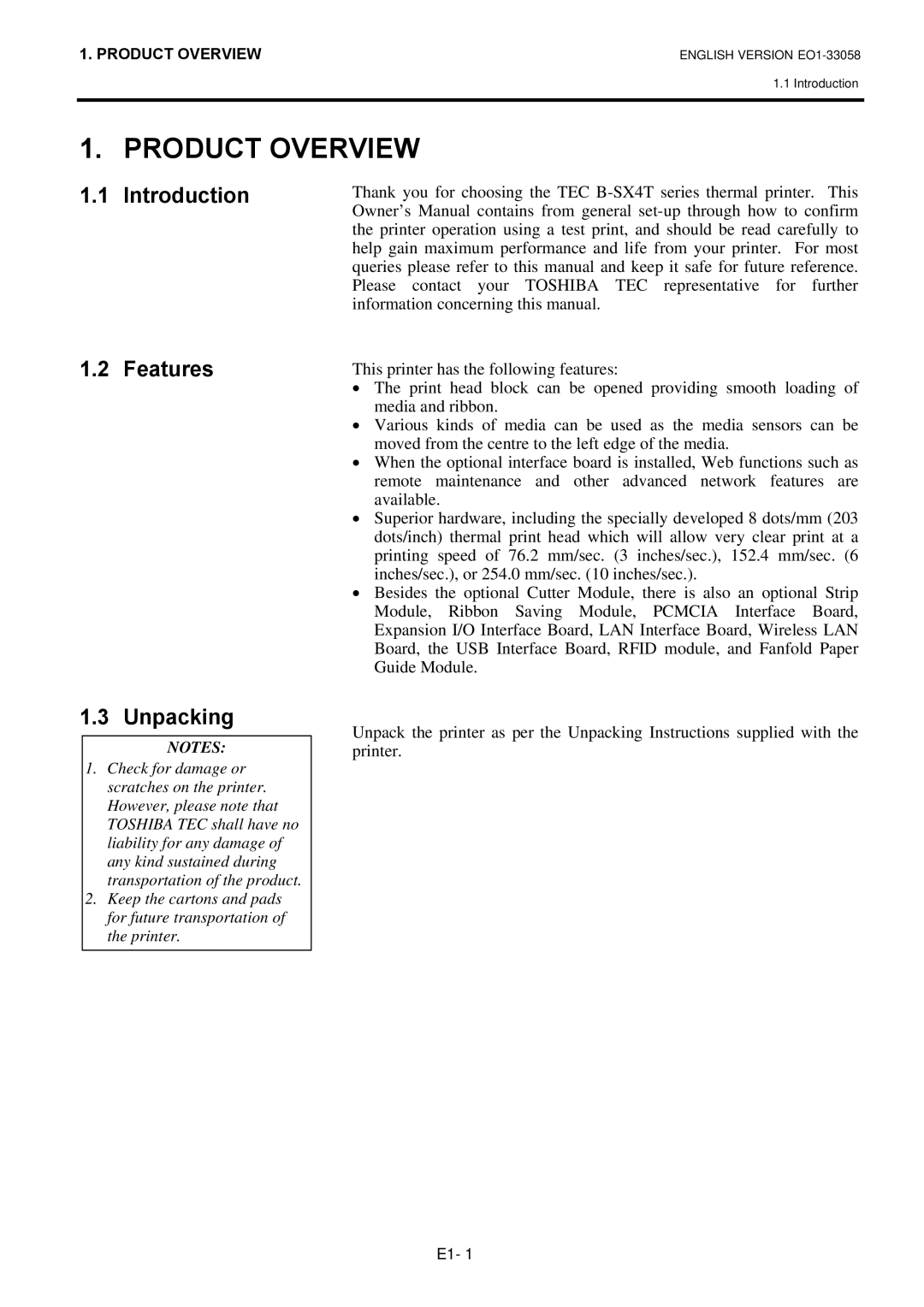 Toshiba B-SX4T owner manual Product Overview, Introduction Features Unpacking 