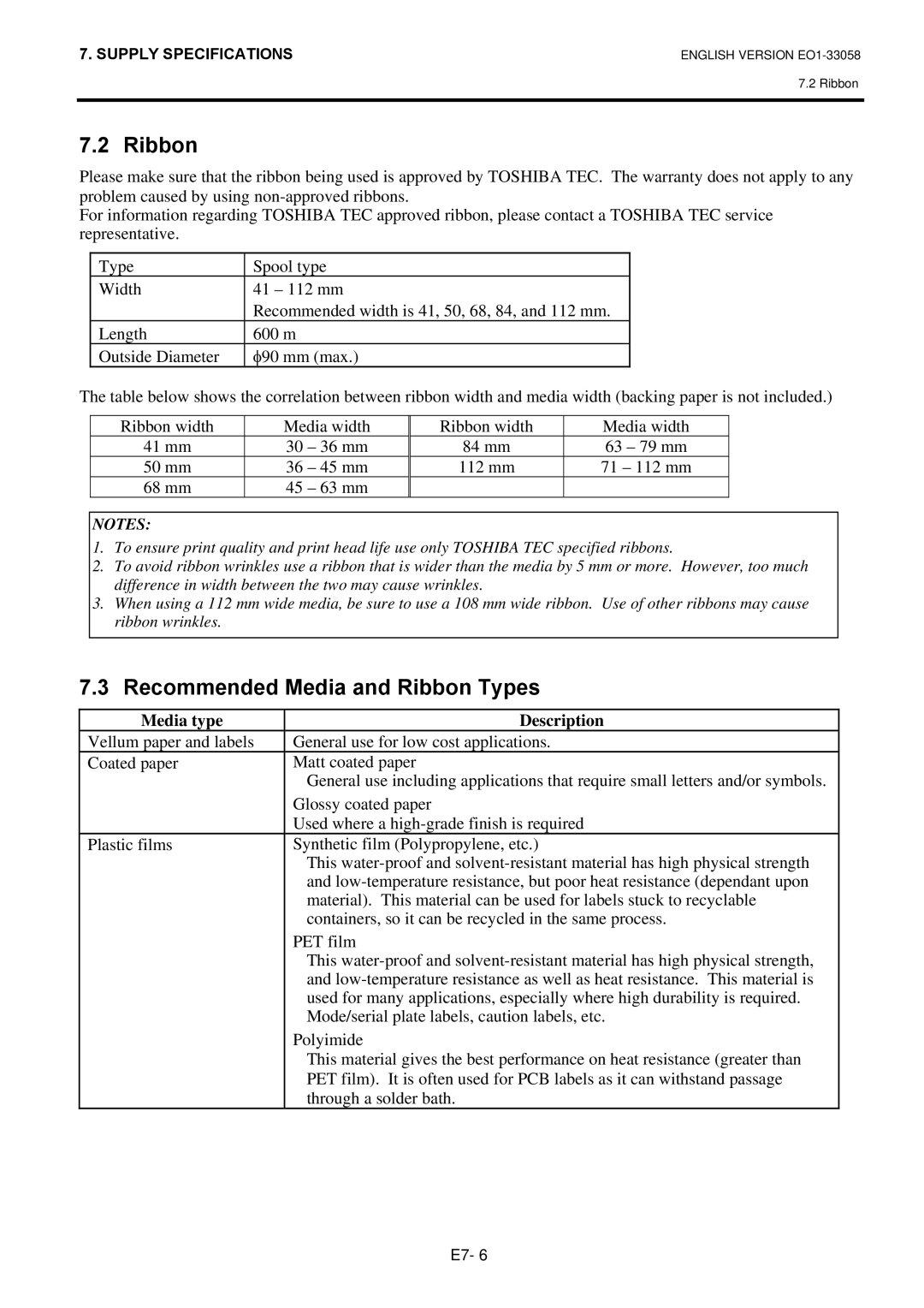 Toshiba B-SX4T owner manual Recommended Media and Ribbon Types, Media type Description 