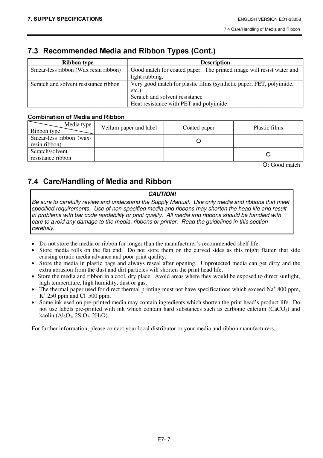 Toshiba B-SX4T owner manual Care/Handling of Media and Ribbon, Ribbon type Description, Combination of Media and Ribbon 