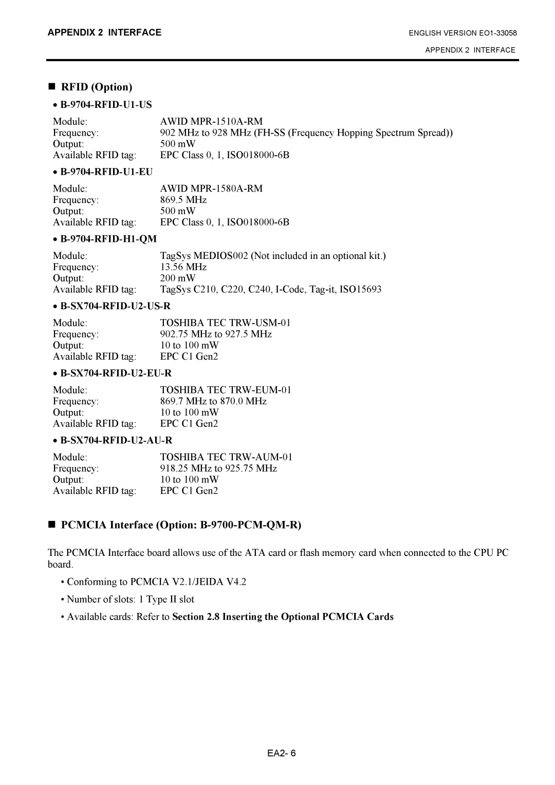 Toshiba B-SX4T owner manual RFID-U1-US, RFID-U1-EU, RFID-H1-QM, SX704-RFID-U2-US-R, SX704-RFID-U2-EU-R, SX704-RFID-U2-AU-R 