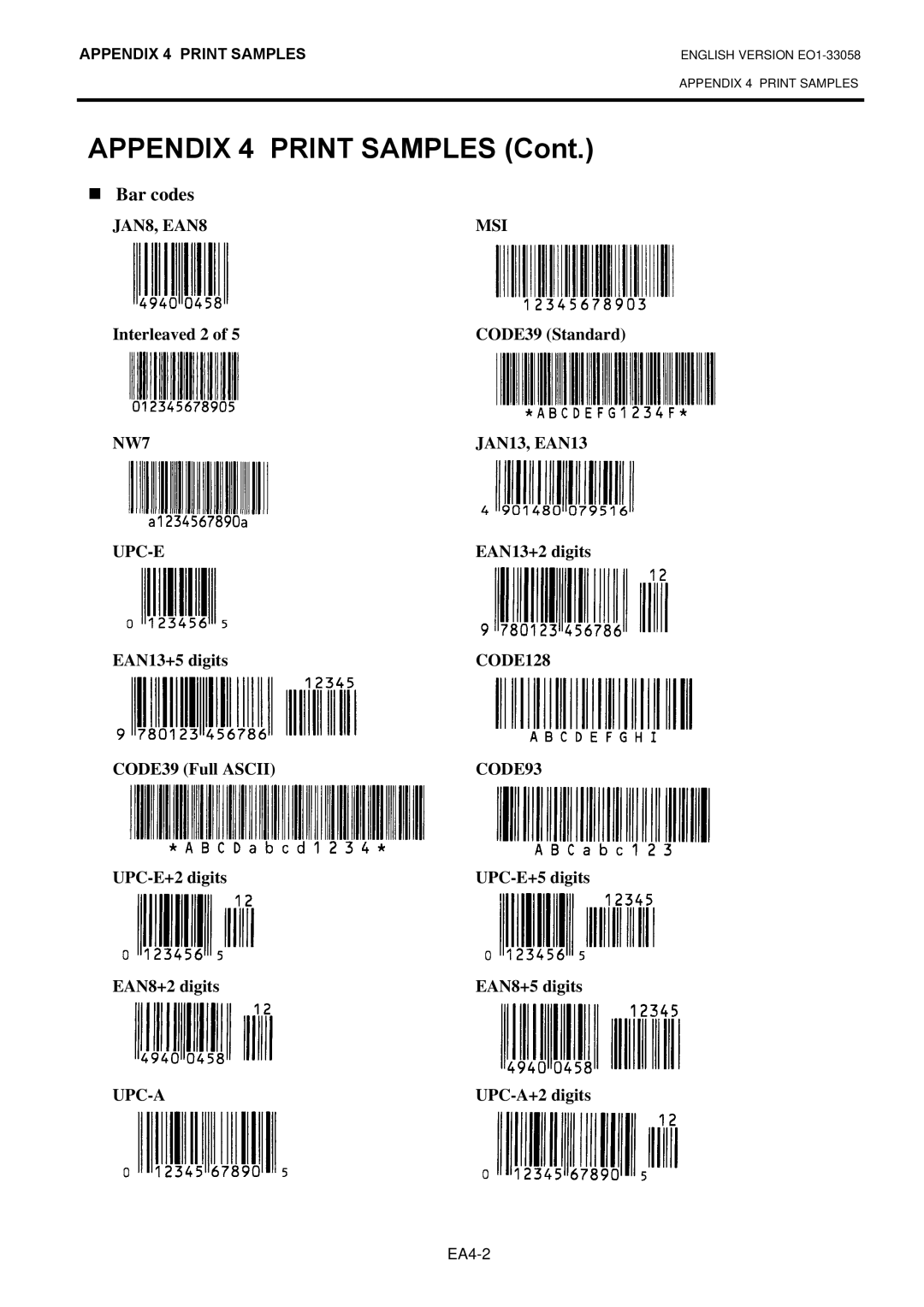 Toshiba B-SX4T owner manual Interleaved 2, JAN13, EAN13, EAN13+2 digits, EAN13+5 digits, CODE39 Full Ascii, UPC-A+2 digits 