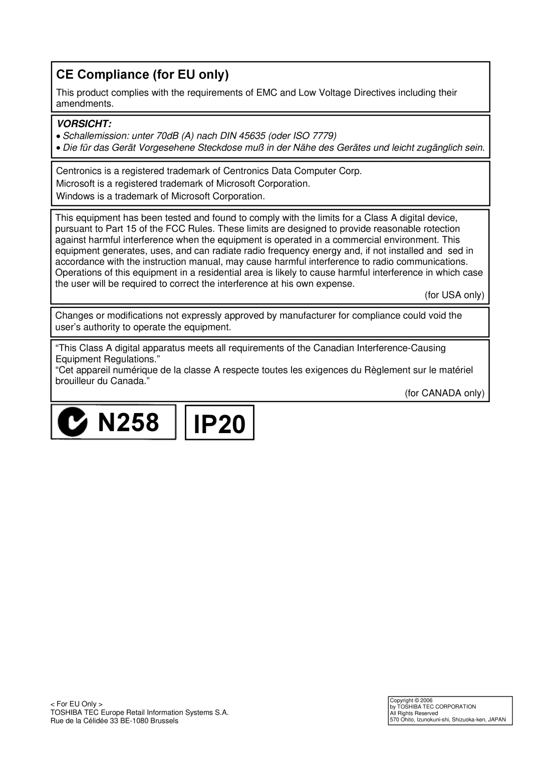 Toshiba B-SX4T owner manual CE Compliance for EU only, Vorsicht 