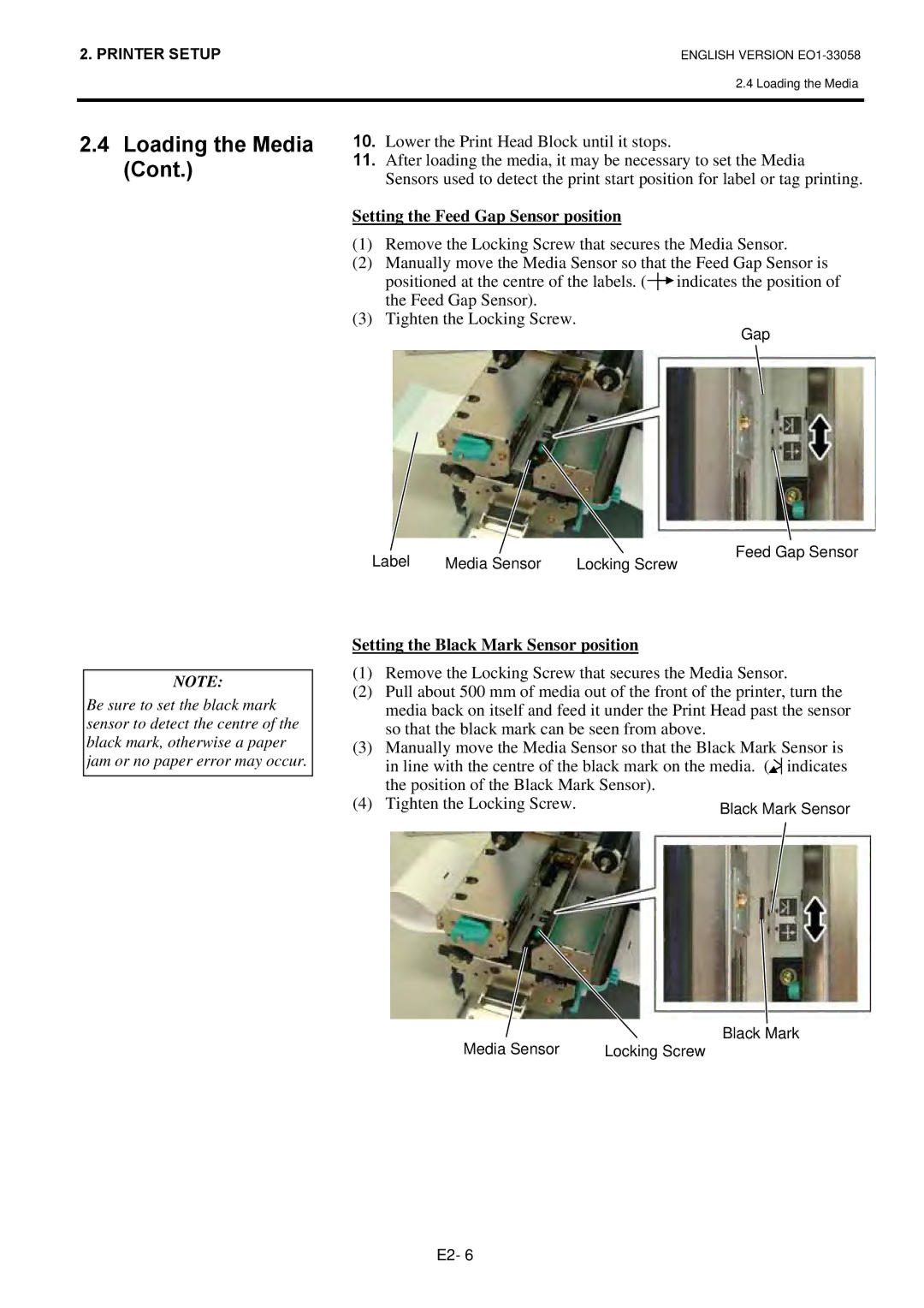 Toshiba B-SX4T owner manual Setting the Feed Gap Sensor position, Setting the Black Mark Sensor position 