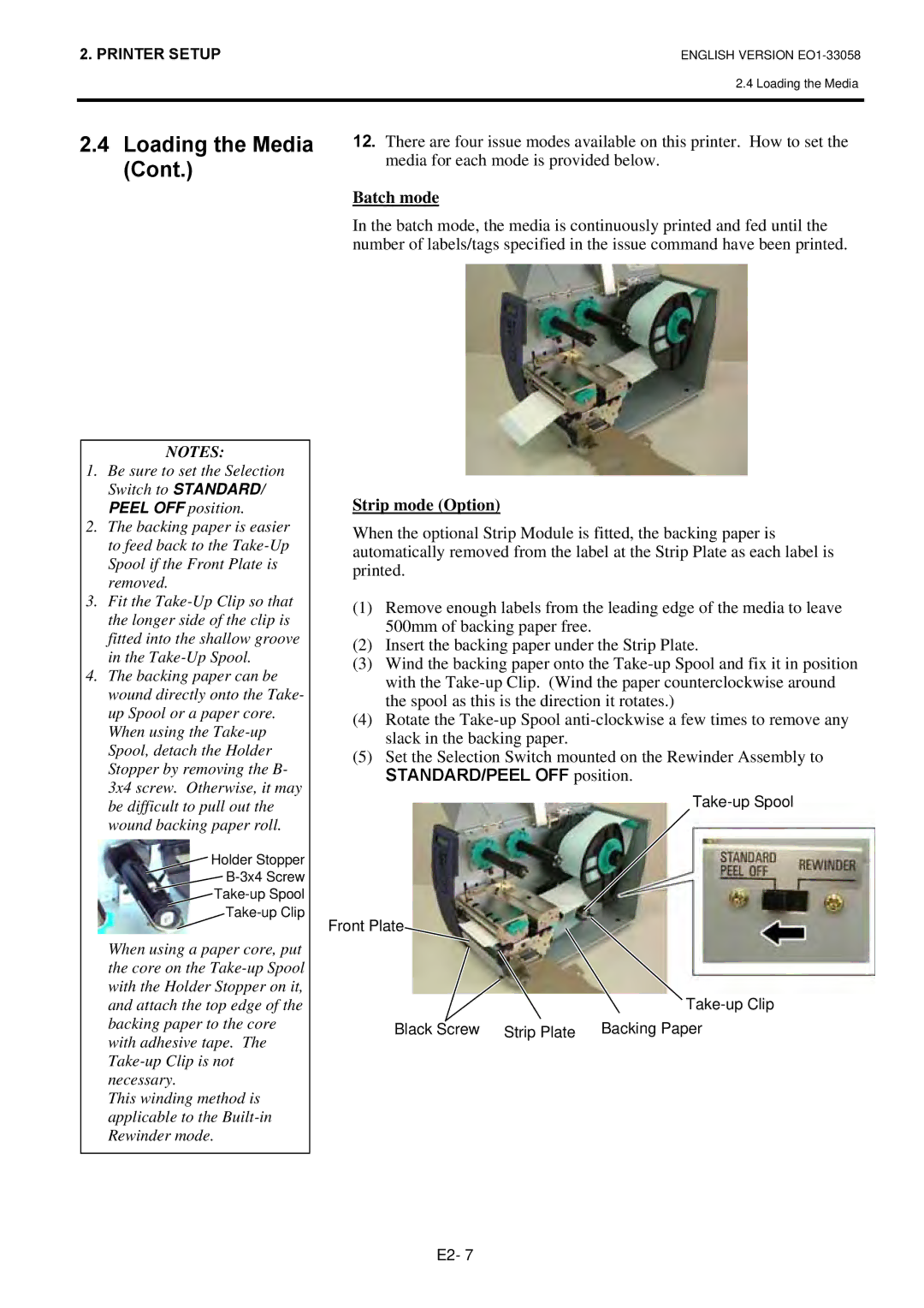 Toshiba B-SX4T owner manual Batch mode, Strip mode Option, STANDARD/PEEL OFF position 