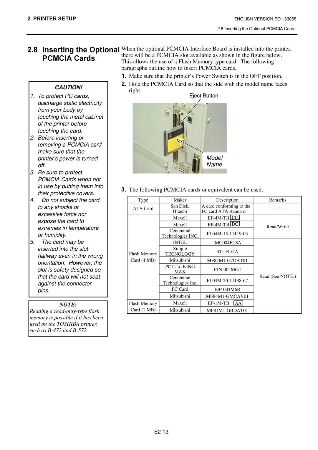 Toshiba B-SX4T owner manual Pcmcia Cards, Paragraphs outline how to insert Pcmcia cards 