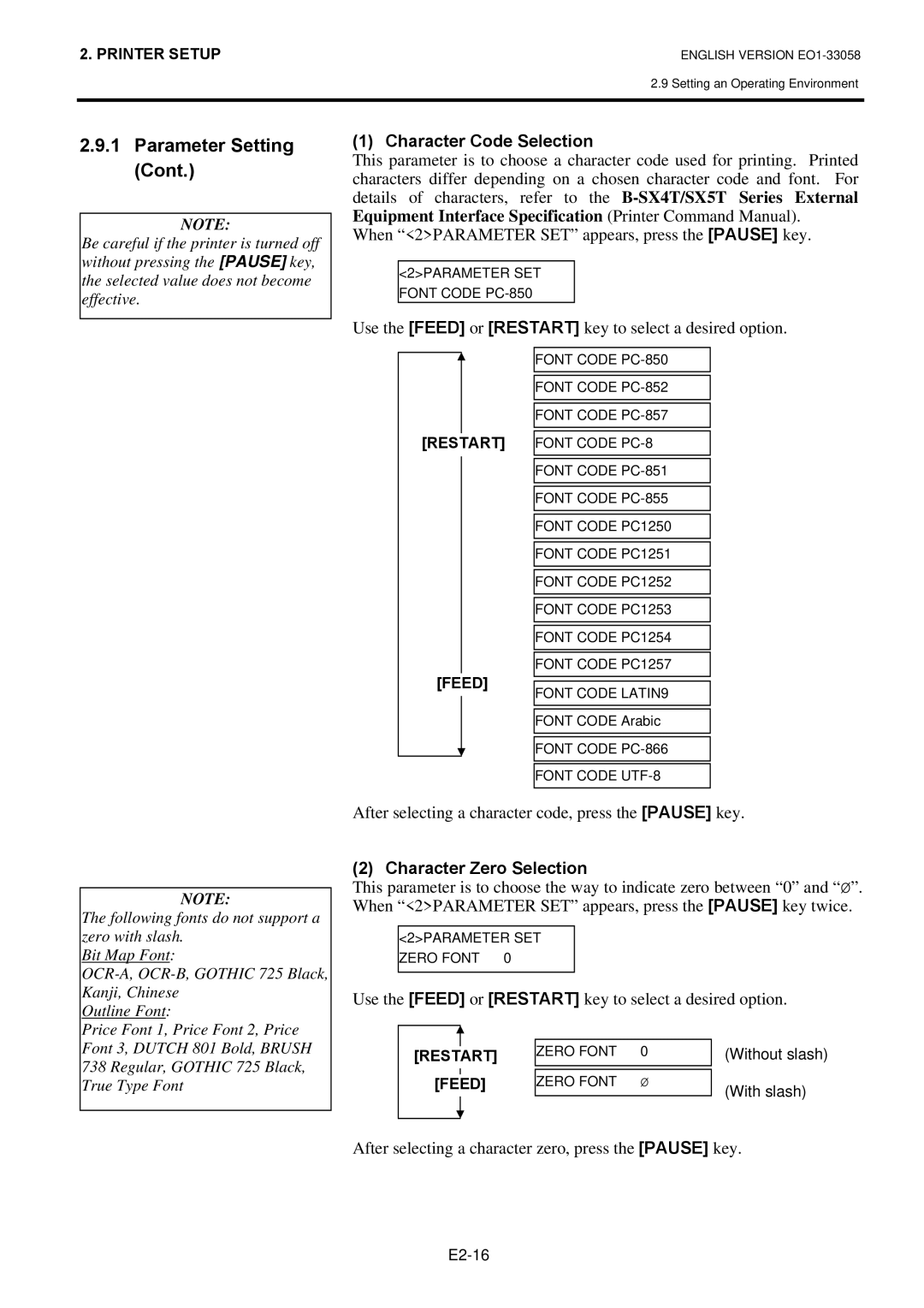 Toshiba B-SX4T Character Code Selection, Use the Feed or Restart key to select a desired option, Character Zero Selection 