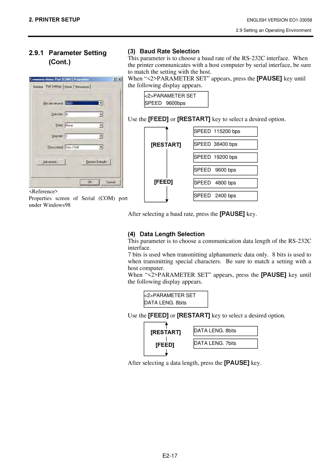 Toshiba B-SX4T owner manual Baud Rate Selection, After selecting a baud rate, press the Pause key, Data Length Selection 