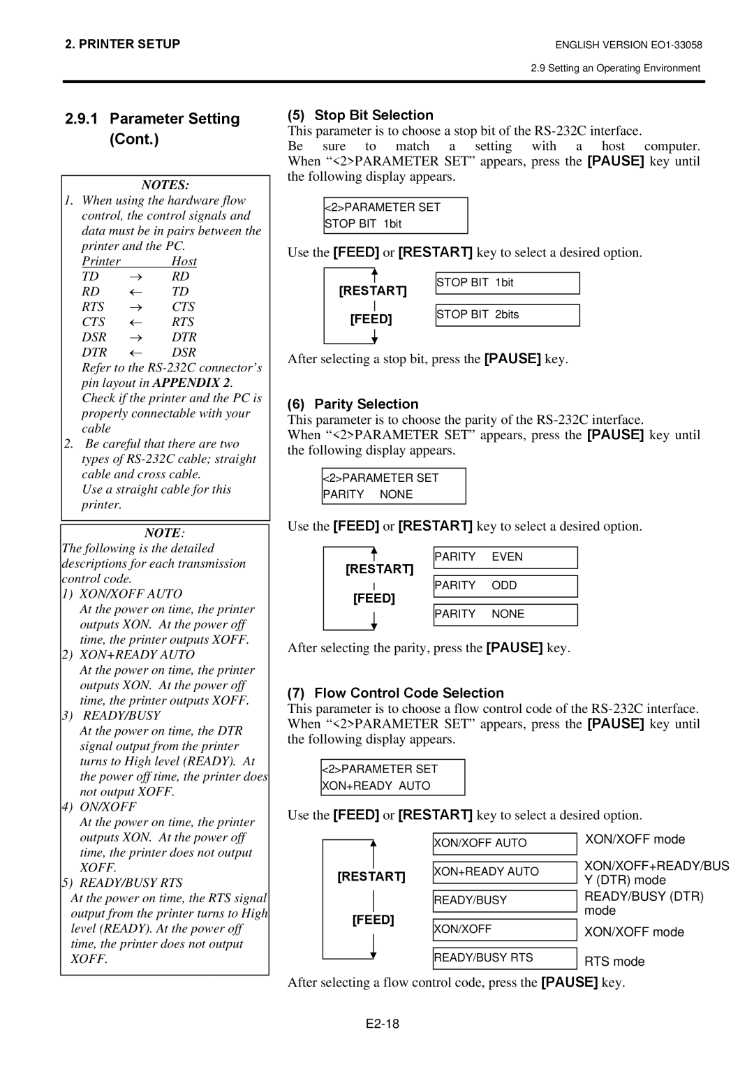 Toshiba B-SX4T owner manual Stop Bit Selection, Parity Selection, Flow Control Code Selection 