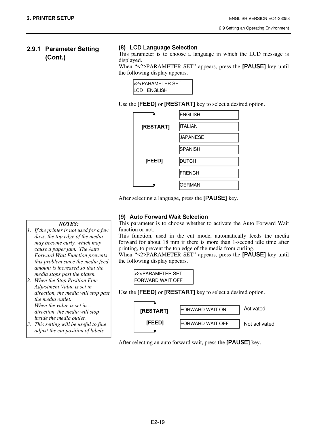 Toshiba B-SX4T LCD Language Selection, After selecting a language, press the Pause key, Auto Forward Wait Selection 