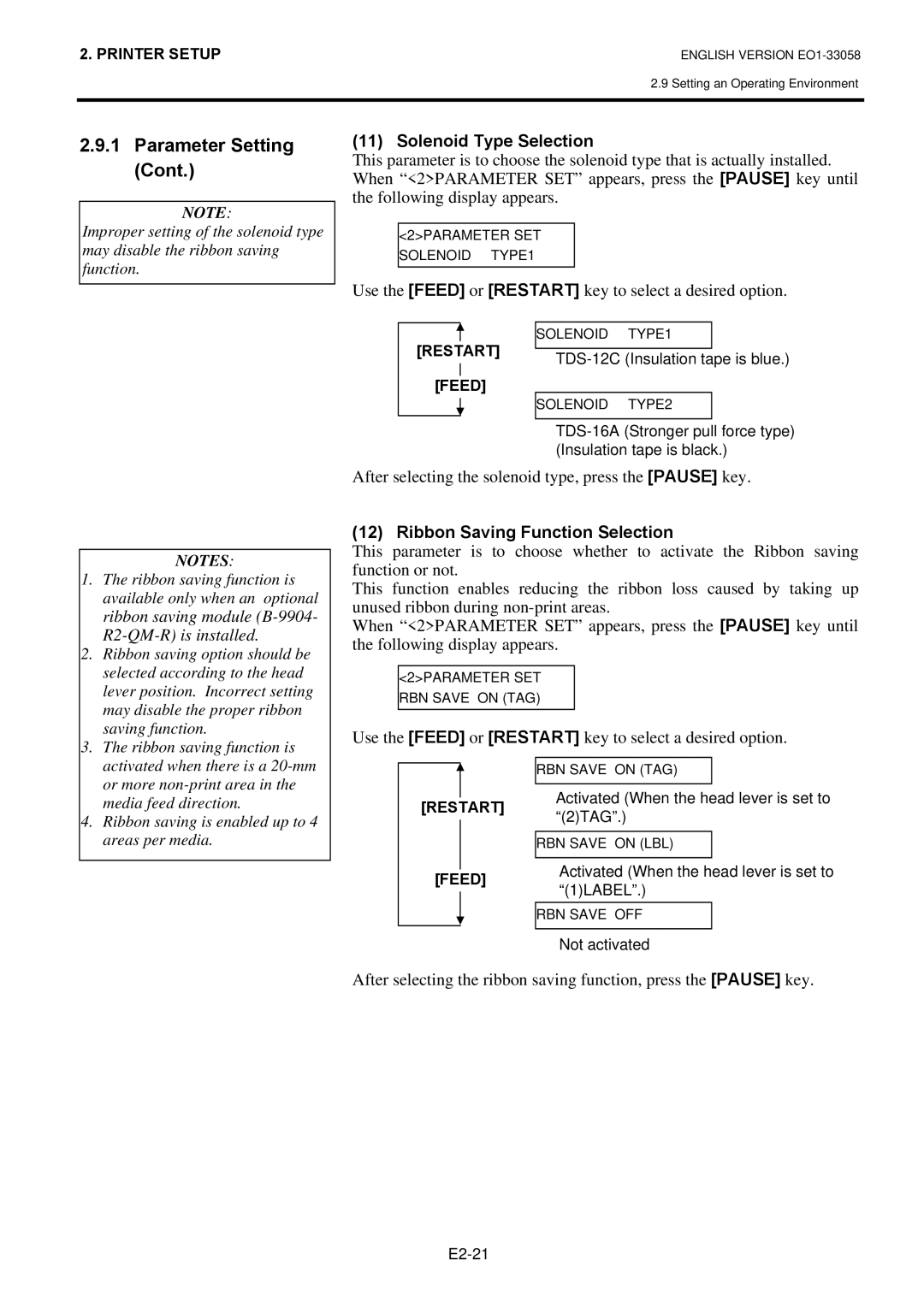 Toshiba B-SX4T owner manual Solenoid Type Selection, After selecting the solenoid type, press the Pause key 