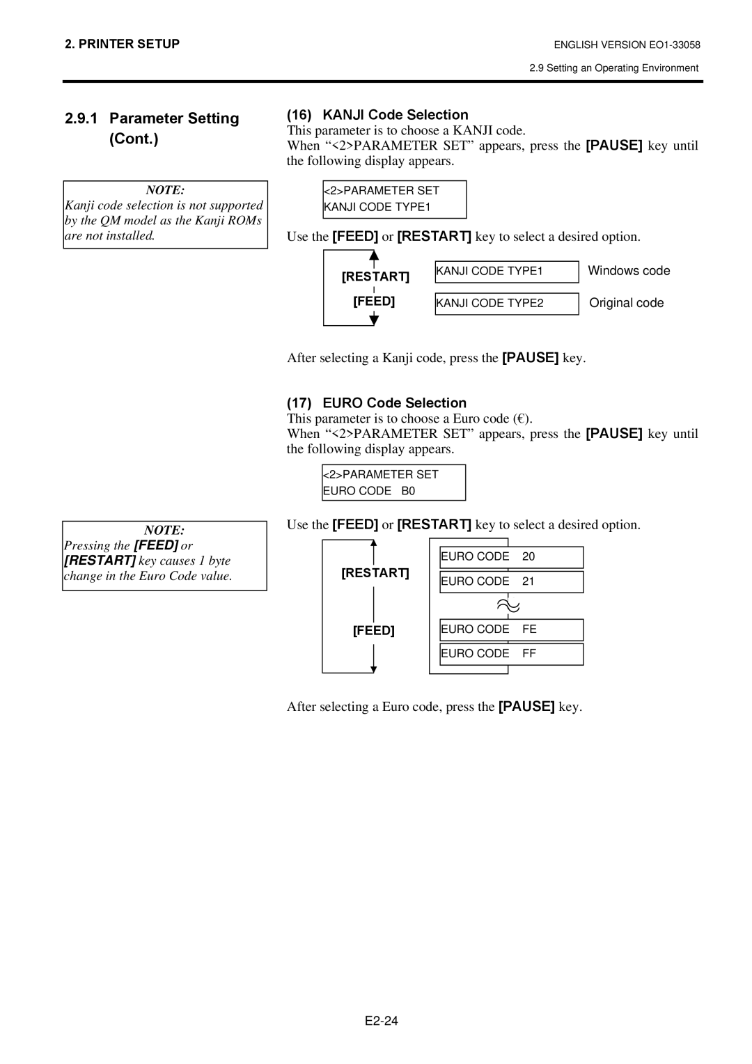 Toshiba B-SX4T owner manual Kanji Code Selection, After selecting a Kanji code, press the Pause key, Euro Code Selection 