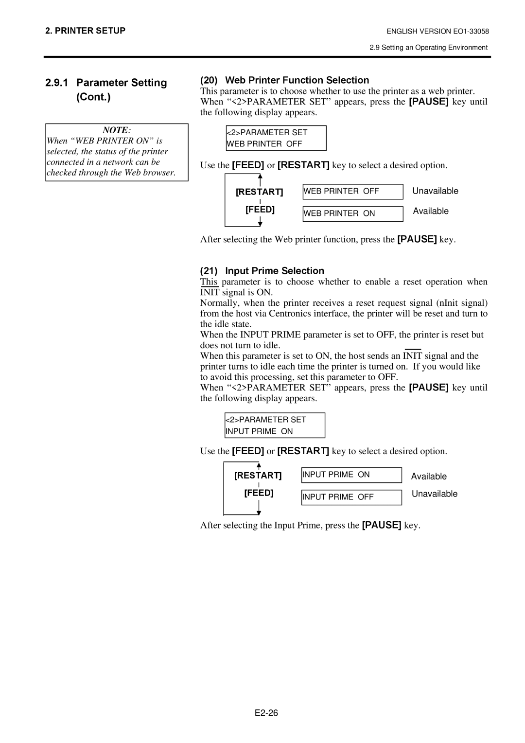 Toshiba B-SX4T Web Printer Function Selection, Input Prime Selection, After selecting the Input Prime, press the Pause key 