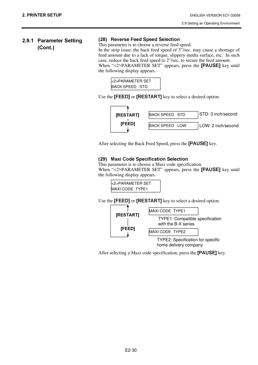 Toshiba B-SX4T owner manual Reverse Feed Speed Selection, After selecting the Back Feed Speed, press the Pause key 