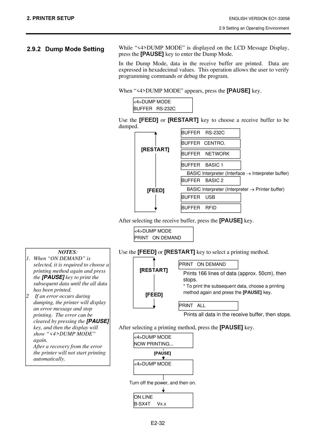 Toshiba B-SX4T owner manual Dump Mode Setting, After selecting the receive buffer, press the Pause key 