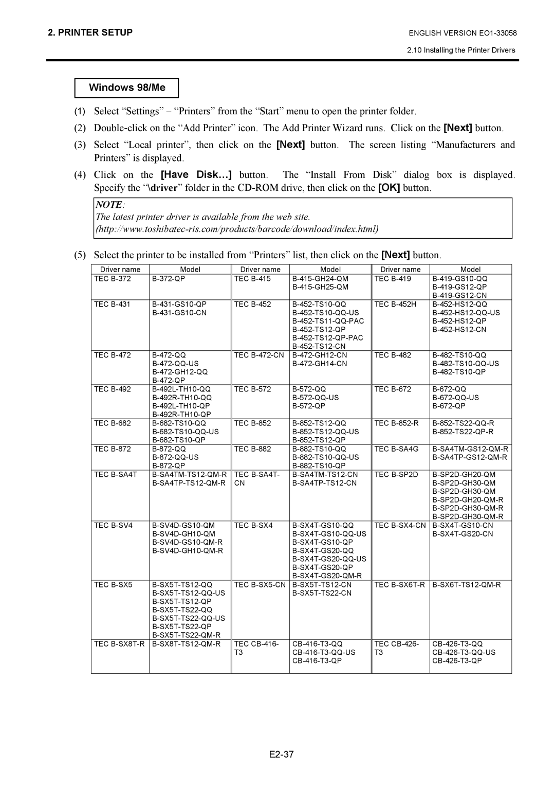 Toshiba B-SX4T owner manual Windows 98/Me 