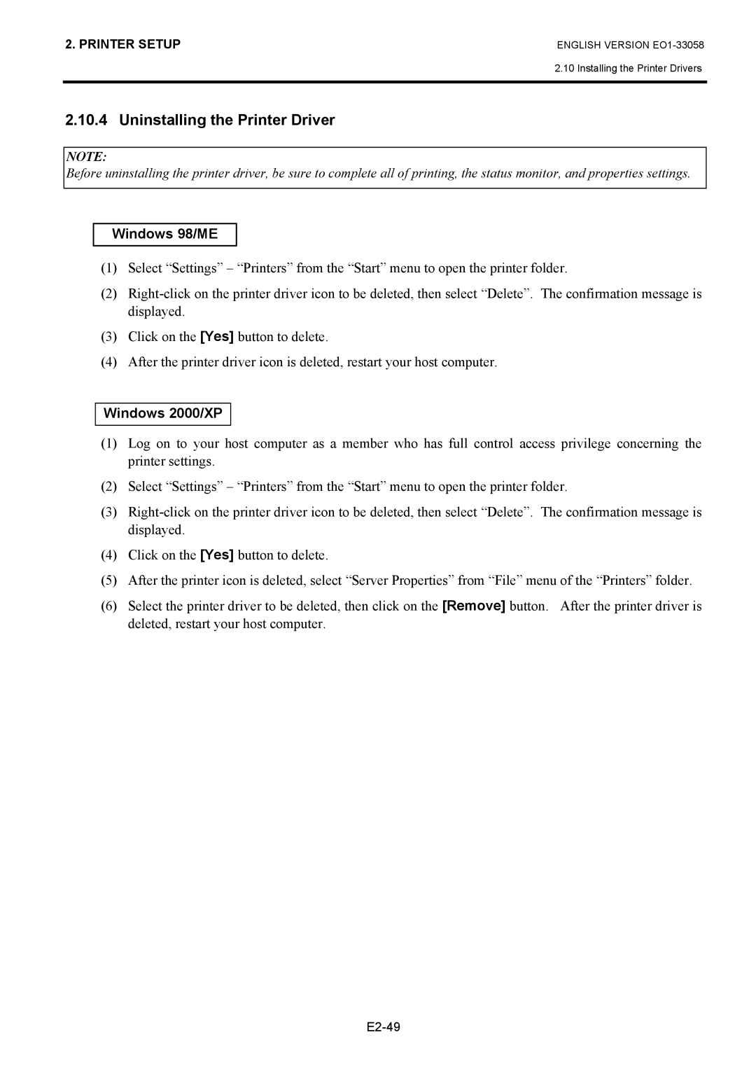 Toshiba B-SX4T owner manual Uninstalling the Printer Driver, Windows 98/ME 