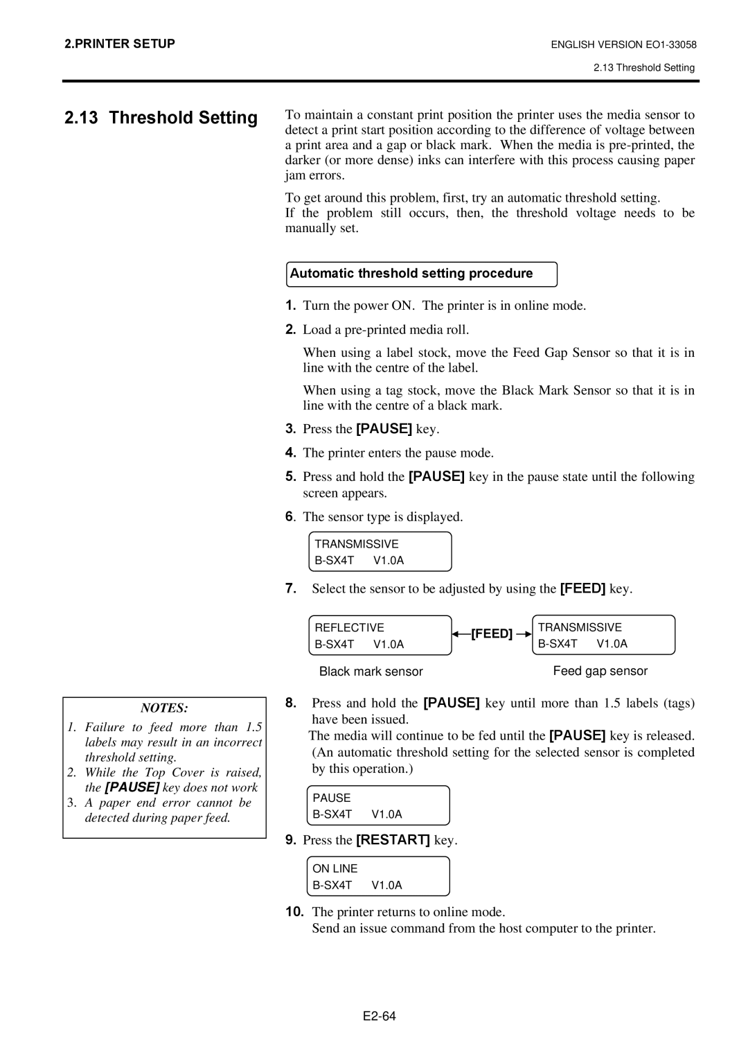 Toshiba B-SX4T Threshold Setting, Jam errors, Manually set, Select the sensor to be adjusted by using the Feed key 