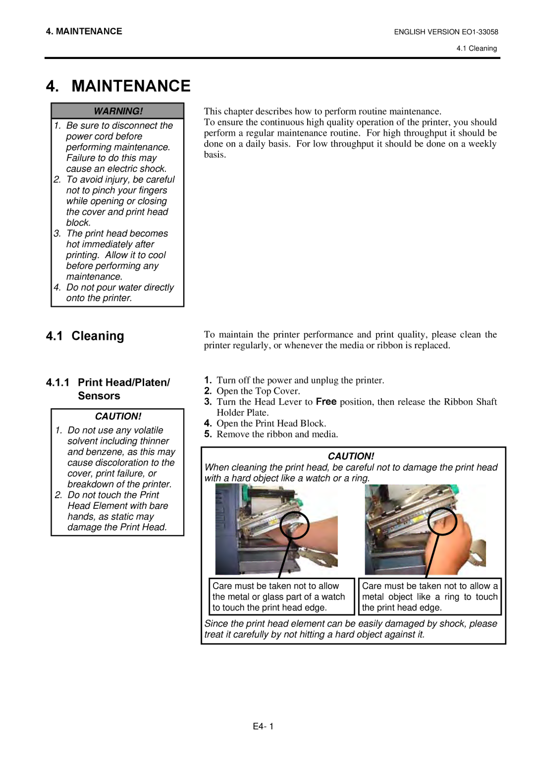 Toshiba B-SX4T owner manual Maintenance, Cleaning, Print Head/Platen/ Sensors 