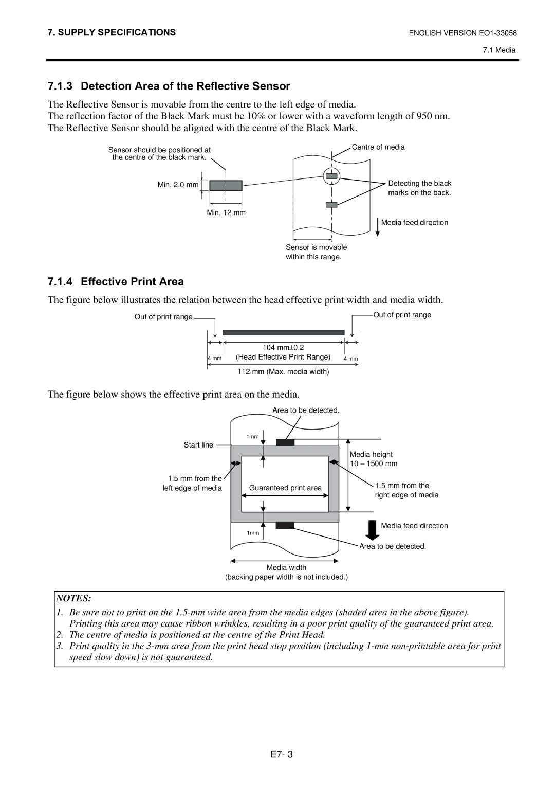 Toshiba B-SX4T owner manual Detection Area of the Reflective Sensor, Effective Print Area 