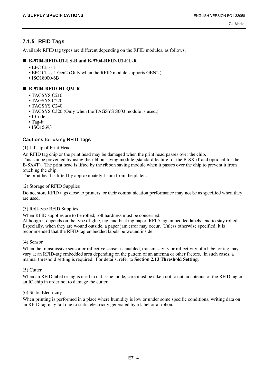 Toshiba B-SX4T owner manual Rfid Tags, „ B-9704-RFID-U1-US-R and B-9704-RFID-U1-EU-R, „ B-9704-RFID-H1-QM-R 