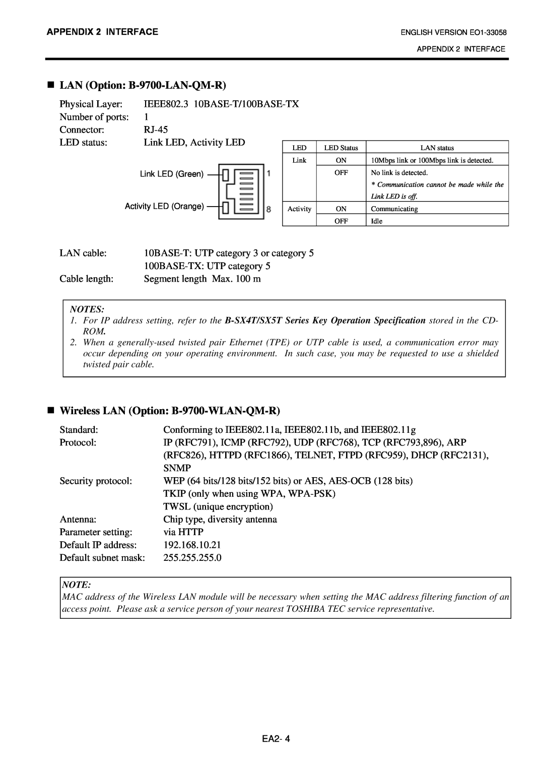 Toshiba B-SX4T LAN Option B-9700-LAN-QM-R, Wireless LAN Option B-9700-WLAN-QM-R, 10BASE-T UTP category 3 or category 