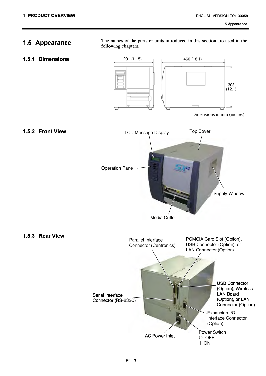 Toshiba B-SX4T owner manual Appearance, 1.5.1, Dimensions, Front View, Rear View, Product Overview 