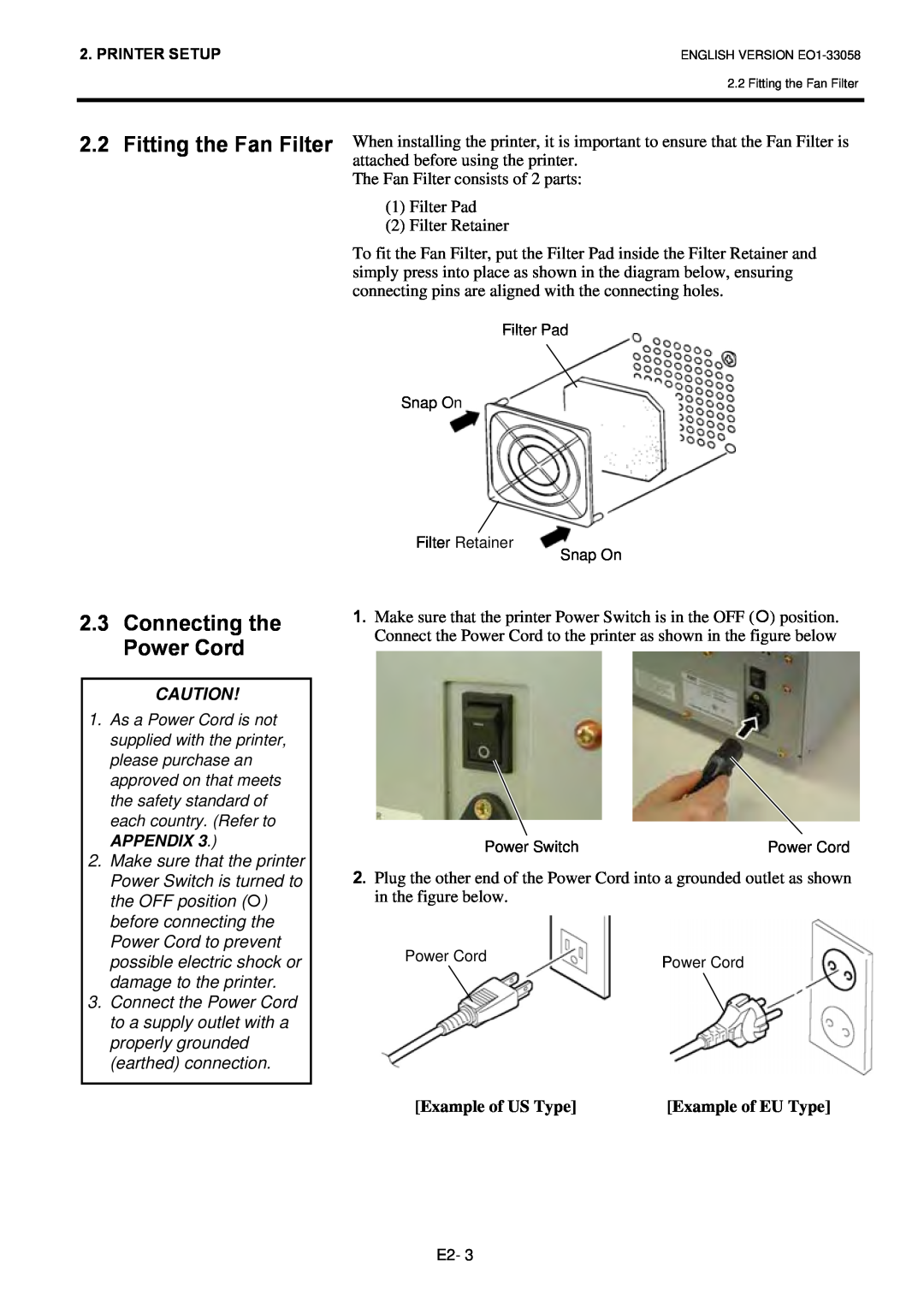 Toshiba B-SX4T owner manual Fitting the Fan Filter, Connecting the Power Cord, Example of US Type 