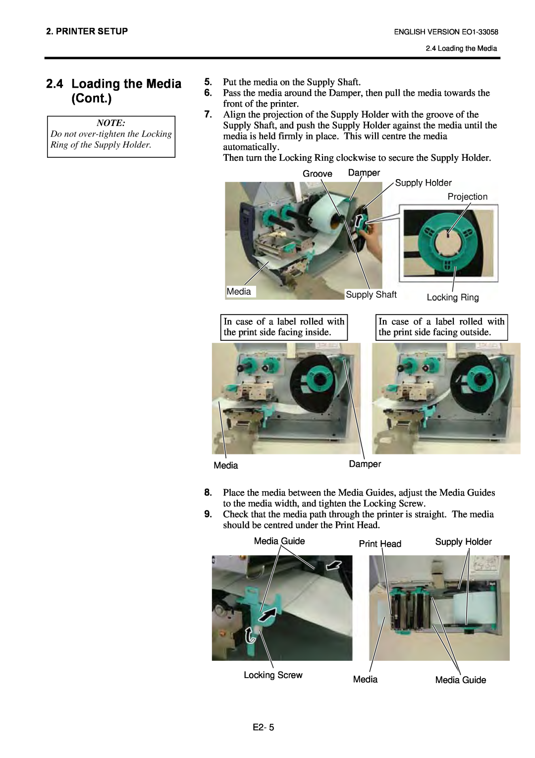 Toshiba B-SX4T owner manual Loading the Media Cont, Do not over-tighten the Locking Ring of the Supply Holder 