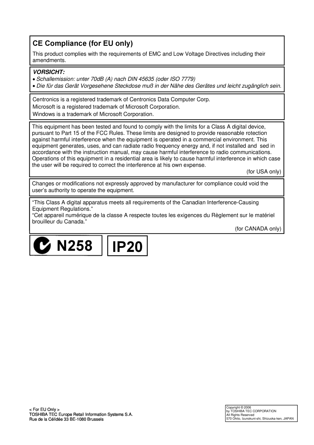 Toshiba B-SX4T N258, IP20, CE Compliance for EU only, Vorsicht, Schallemission unter 70dB A nach DIN 45635 oder ISO 