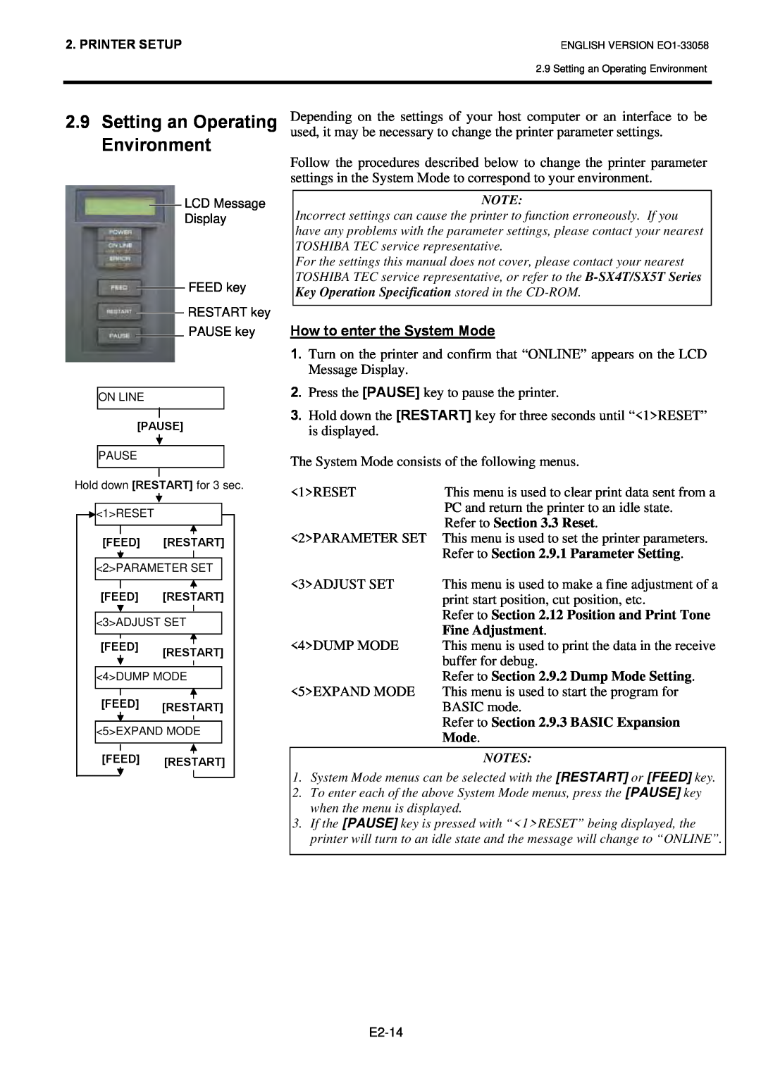 Toshiba B-SX4T Setting an Operating Environment, Refer to .3 Reset, Refer to .9.1 Parameter Setting, Fine Adjustment, Mode 