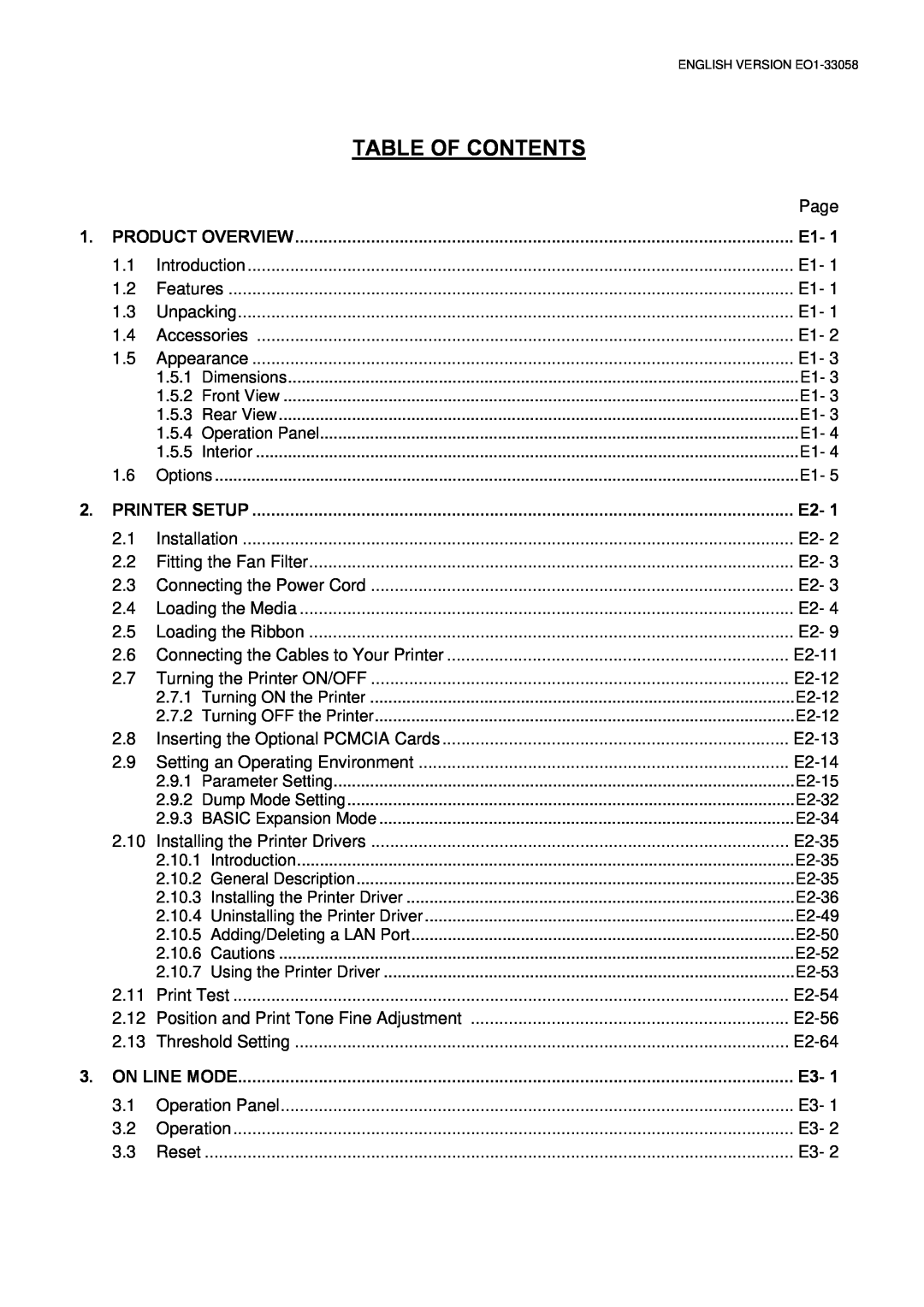Toshiba B-SX4T owner manual Table Of Contents, Product Overview, Printer Setup, On Line Mode 