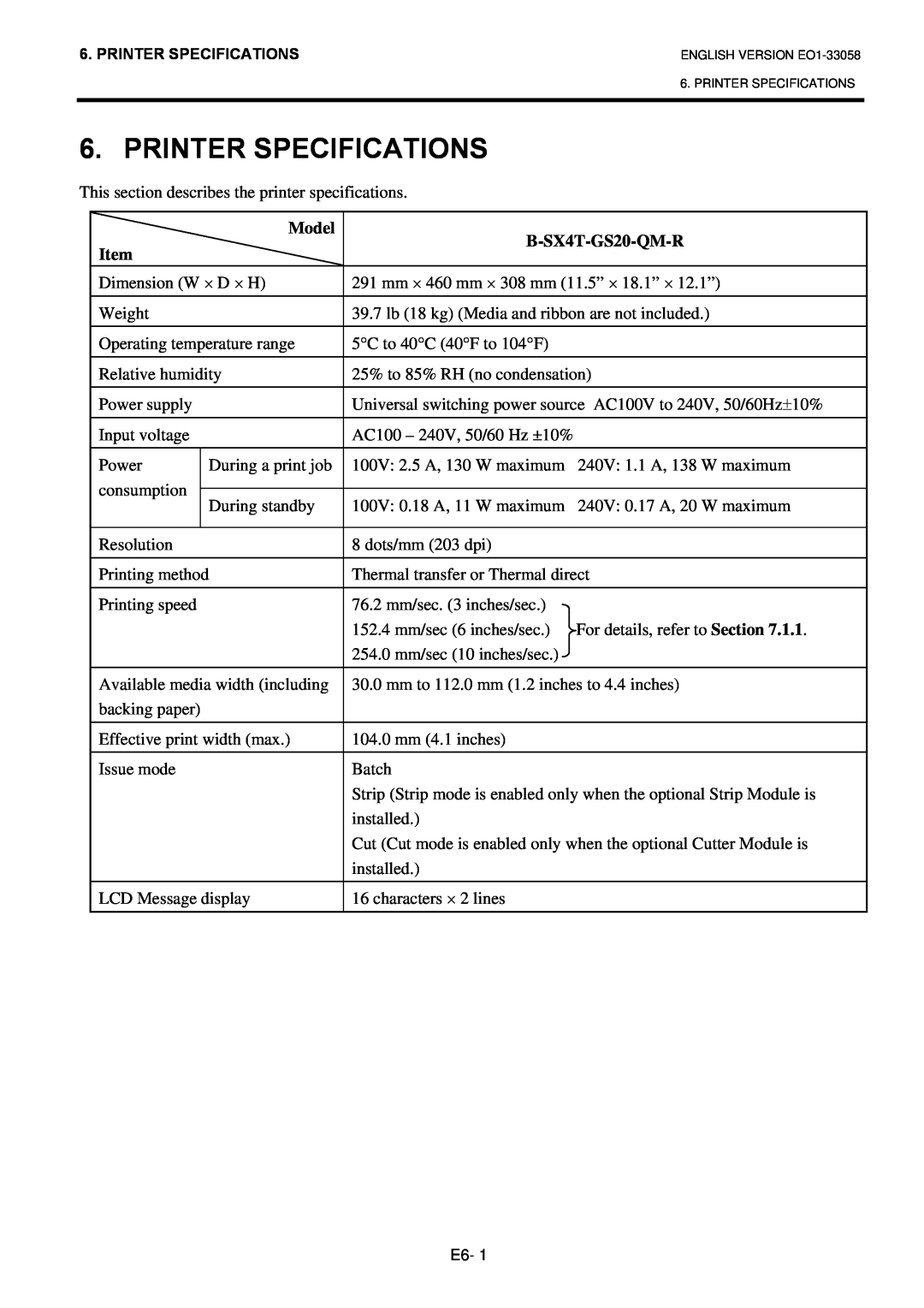 Toshiba owner manual Printer Specifications, Model, B-SX4T-GS20-QM-R 