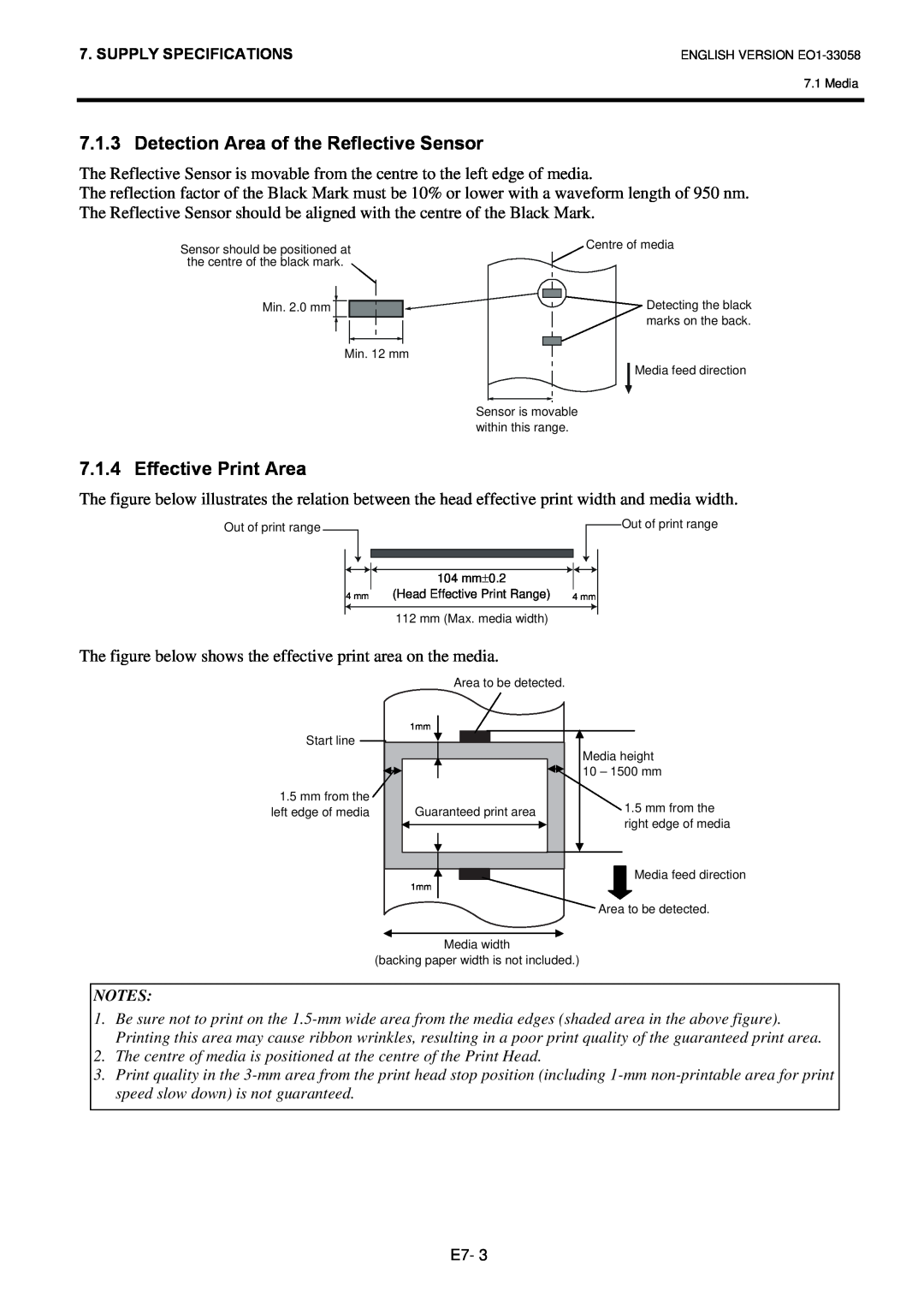 Toshiba B-SX4T owner manual Detection Area of the Reflective Sensor, Effective Print Area 