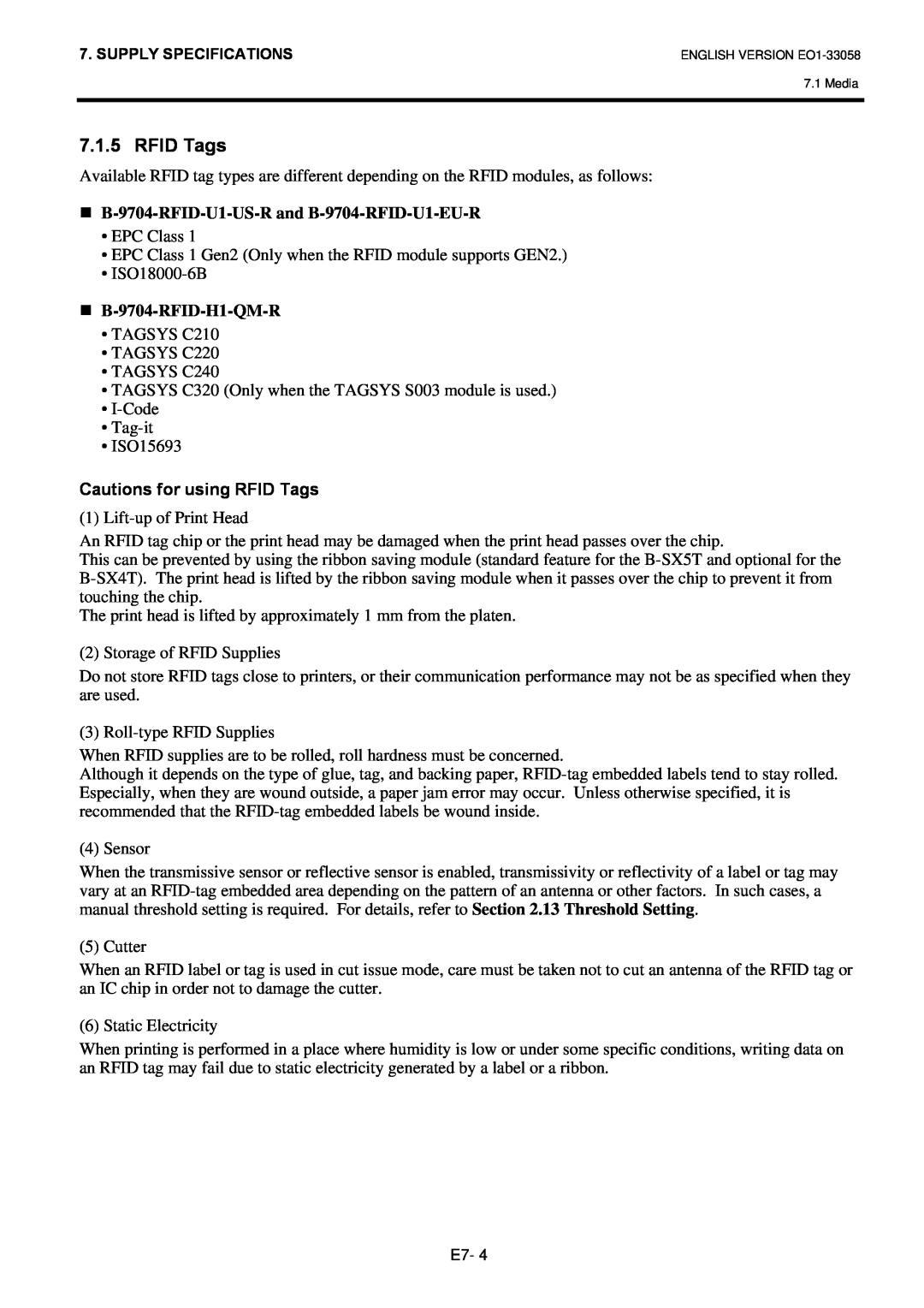 Toshiba B-SX4T owner manual RFID Tags, „ B-9704-RFID-U1-US-R and B-9704-RFID-U1-EU-R, „ B-9704-RFID-H1-QM-R 