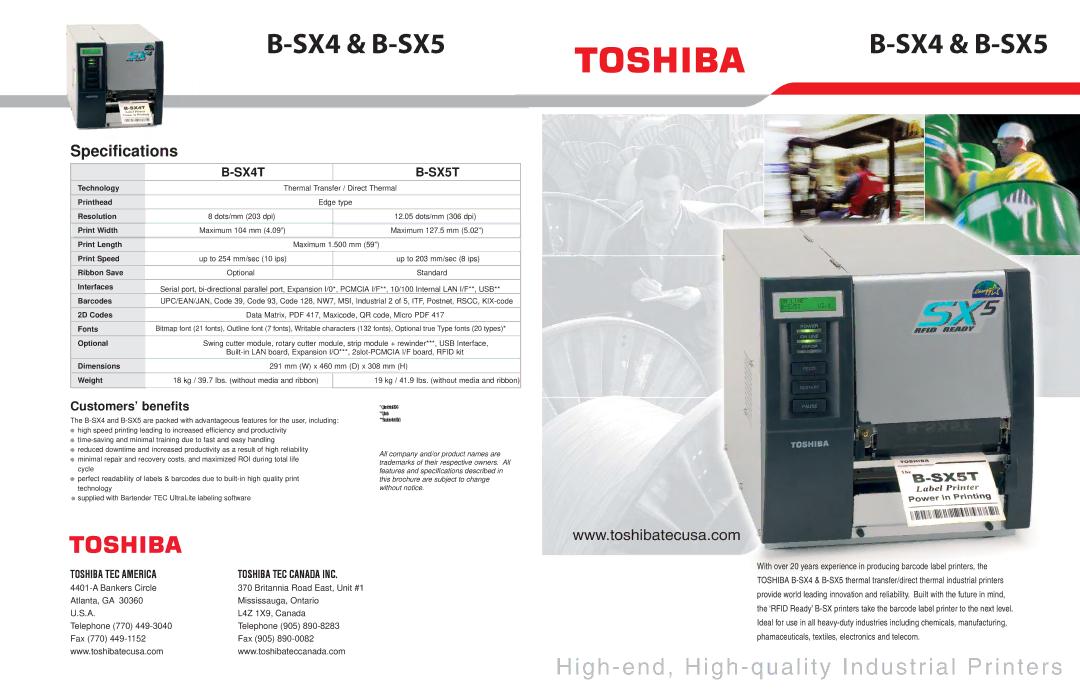 Toshiba B-SX4, B-SX5 specifications Technology, Printhead, Resolution, Print Width, Print Length, Print Speed, Ribbon Save 