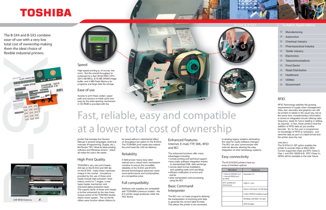 Toshiba TOSHIBA B-SX4 & B-SX5 thermal transfer/direct thermal industrial printers Speed, Ease of use, High Print Quality 