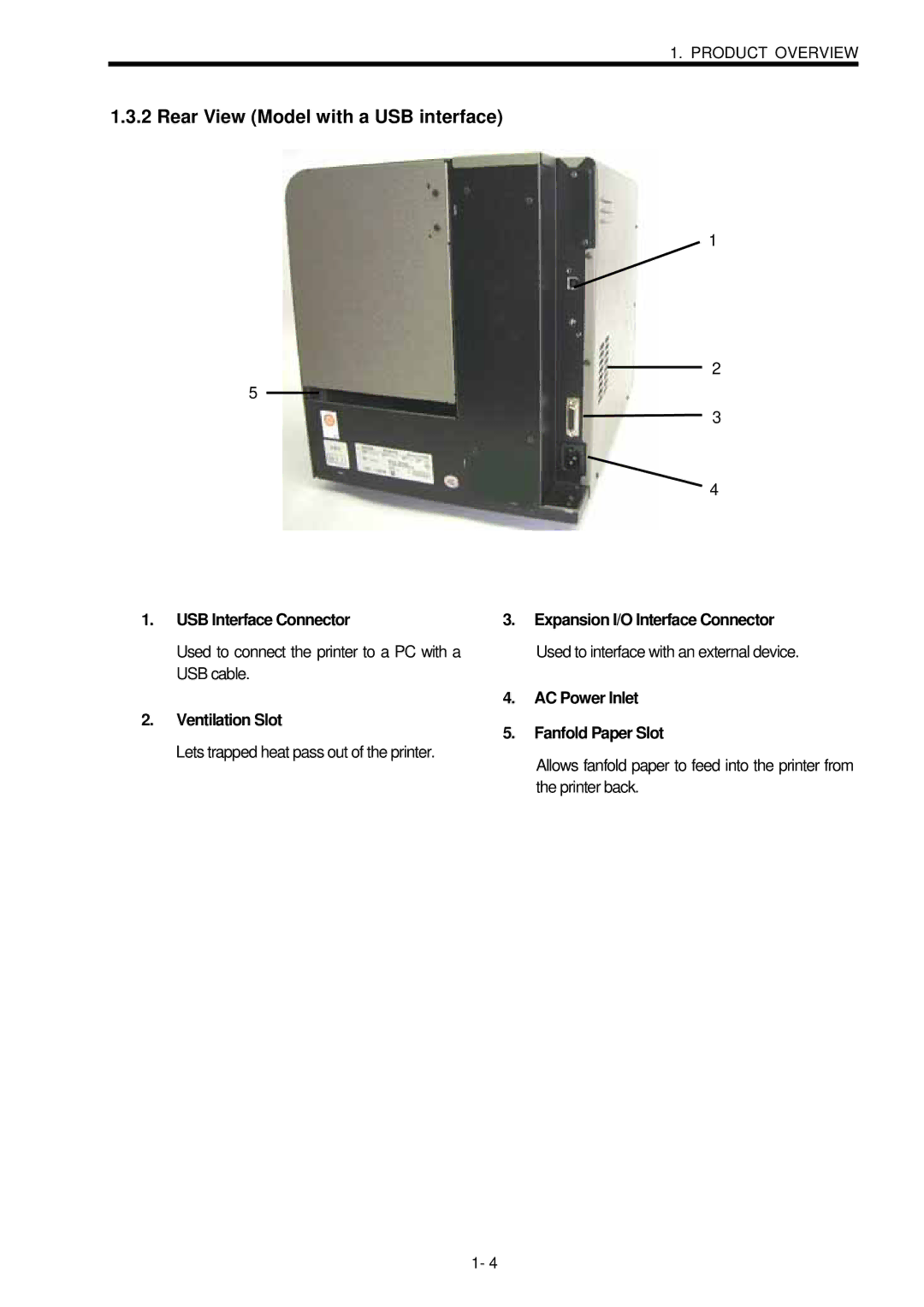 Toshiba B-SX600 manual Rear View Model with a USB interface, USB Interface Connector, Ventilation Slot 